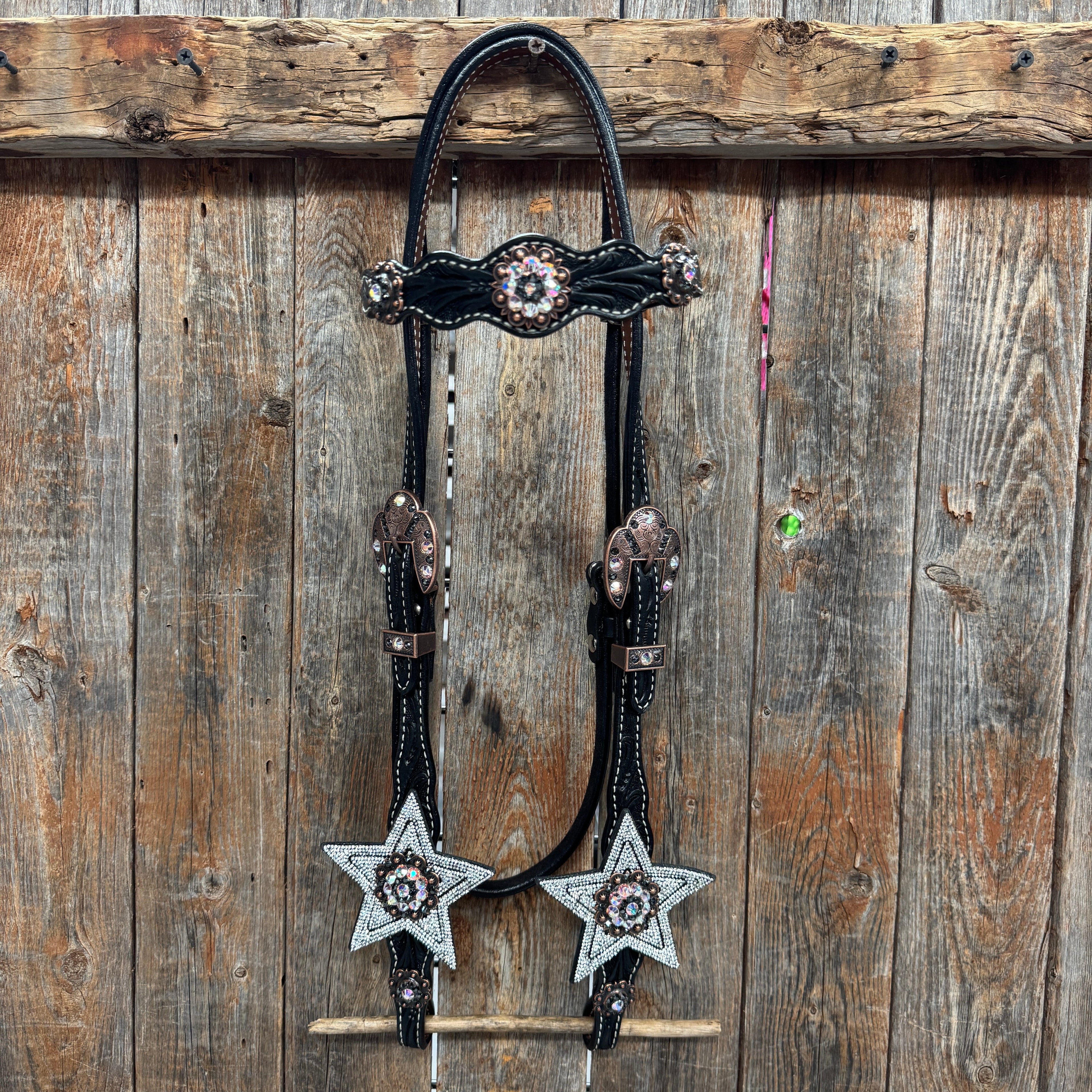 Black Oil Floral Jet and Stars Browband/One Ear Breastcollar Tack Set #BBBC679 — view 3