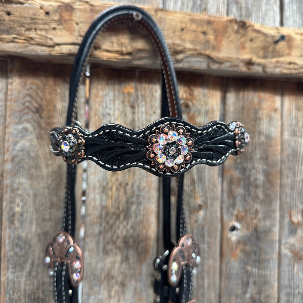 Black Oil Floral Jet and Stars Browband/One Ear Breastcollar Tack Set #BBBC679 — view 4