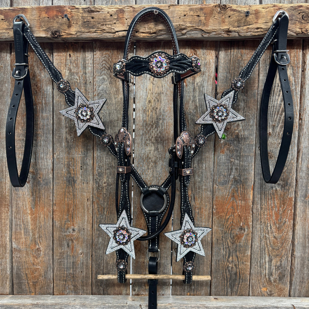 Black Oil Floral Jet and Stars Browband/One Ear Breastcollar Tack Set #BBBC679