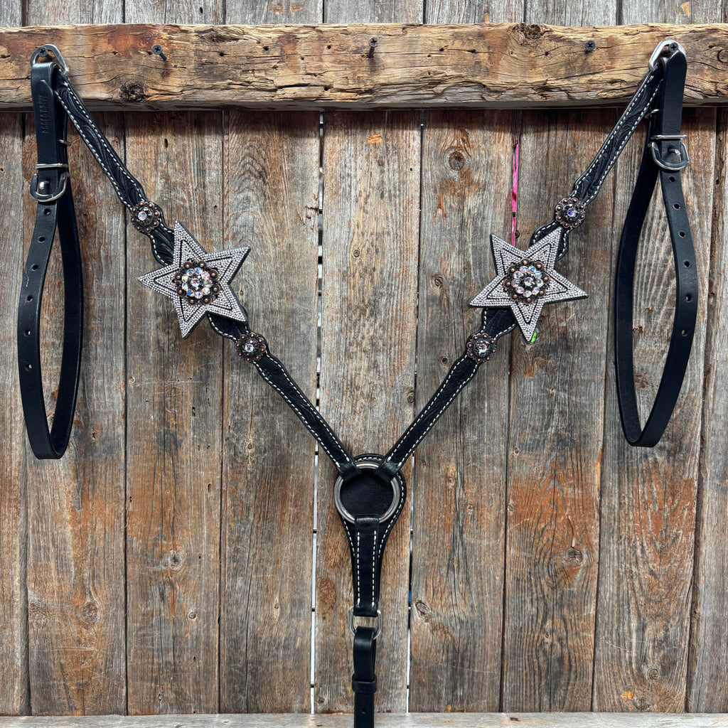 Black Oil Floral Jet and Stars Browband/One Ear Breastcollar Tack Set #BBBC679 — view 9