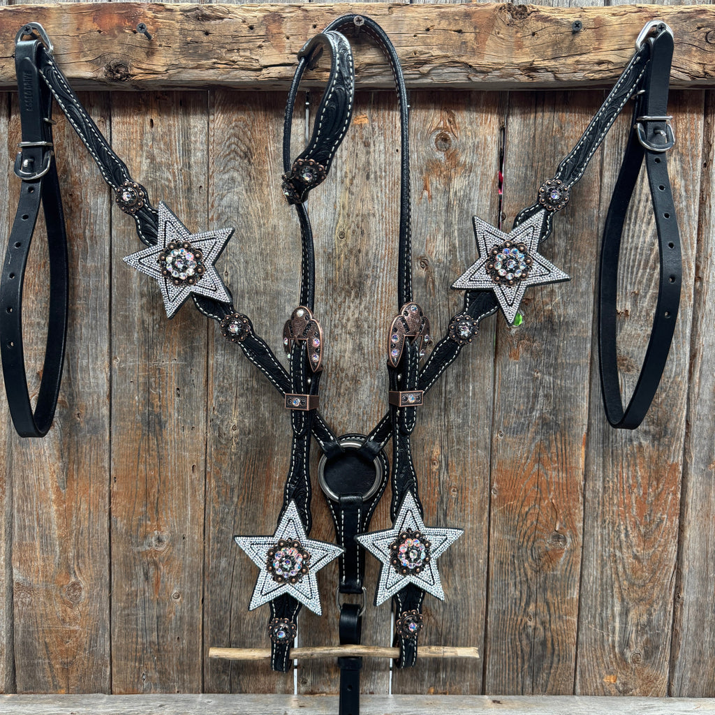 Black Oil Floral Jet and Stars Browband/One Ear Breastcollar Tack Set #BBBC679 — view 2