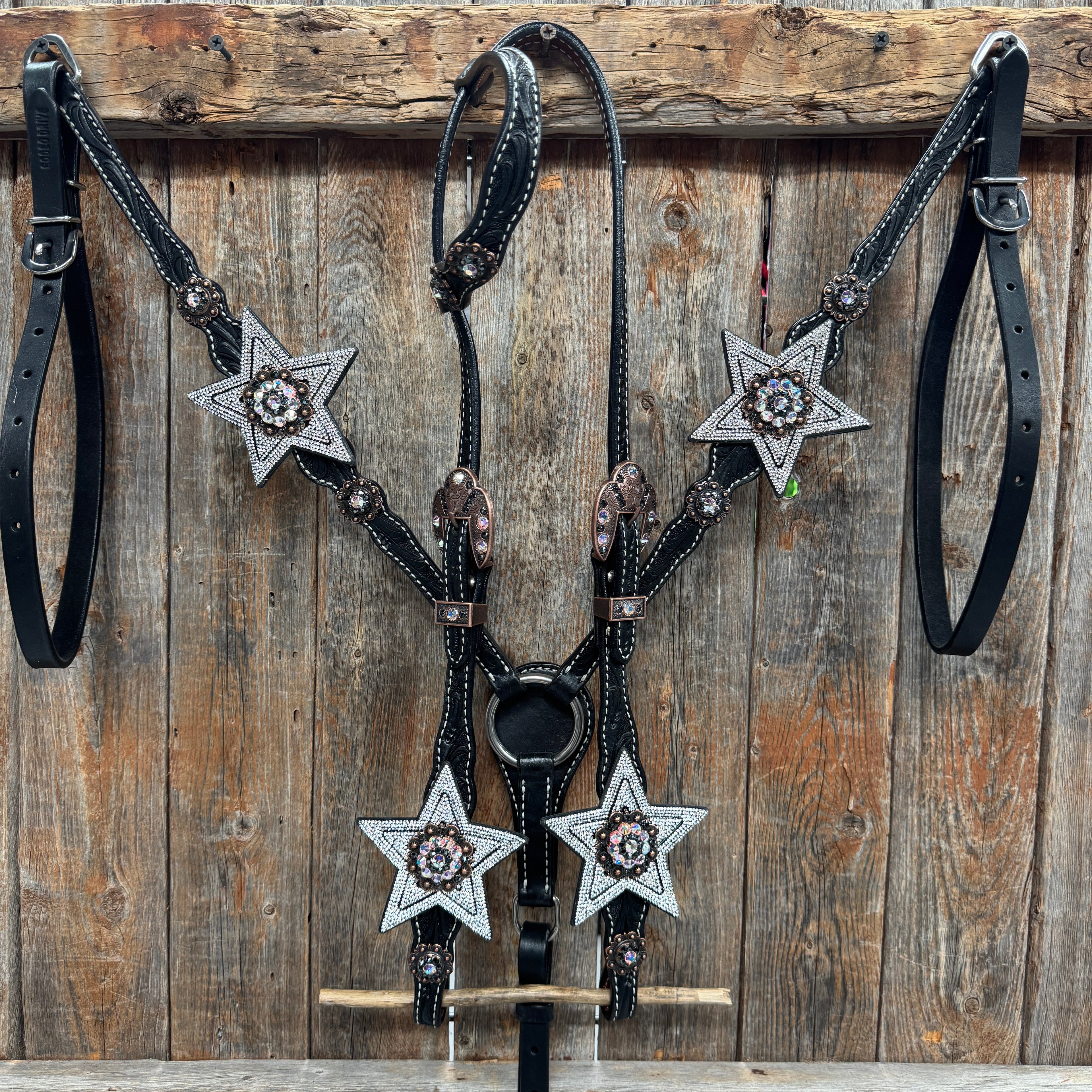 Black Oil Floral Jet and Stars Browband/One Ear Breastcollar Tack Set #BBBC679 — view 2