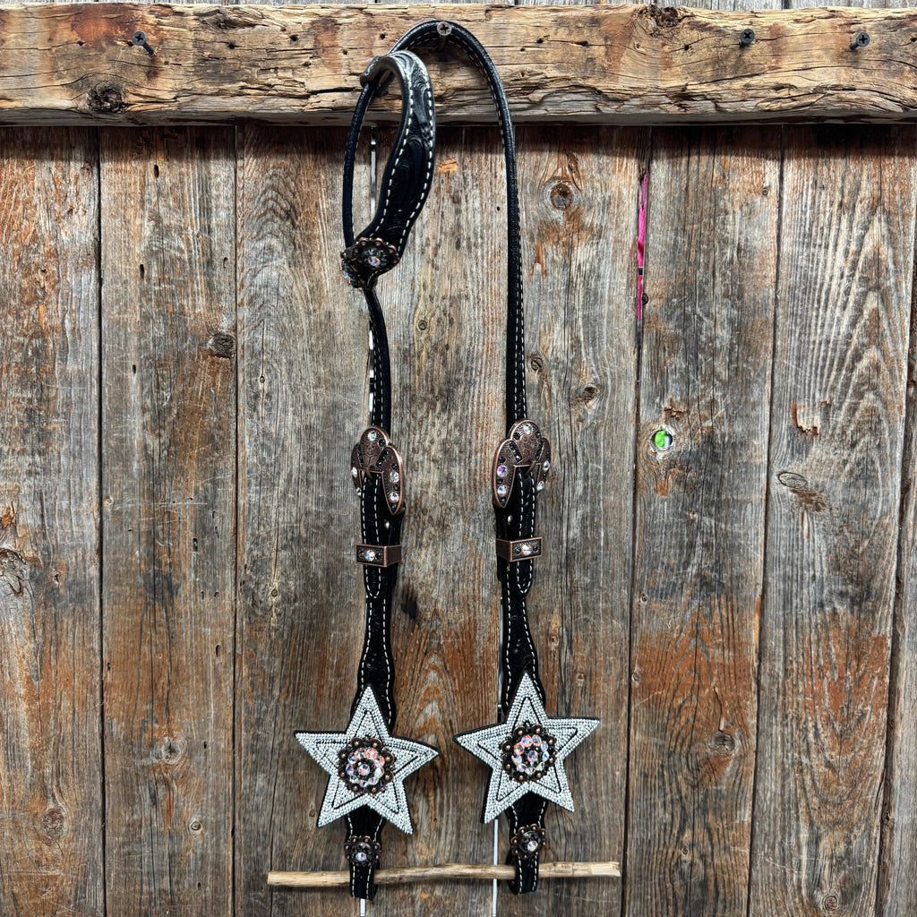 Black Oil Floral Jet and Stars Browband/One Ear Breastcollar Tack Set #BBBC679 — view 7