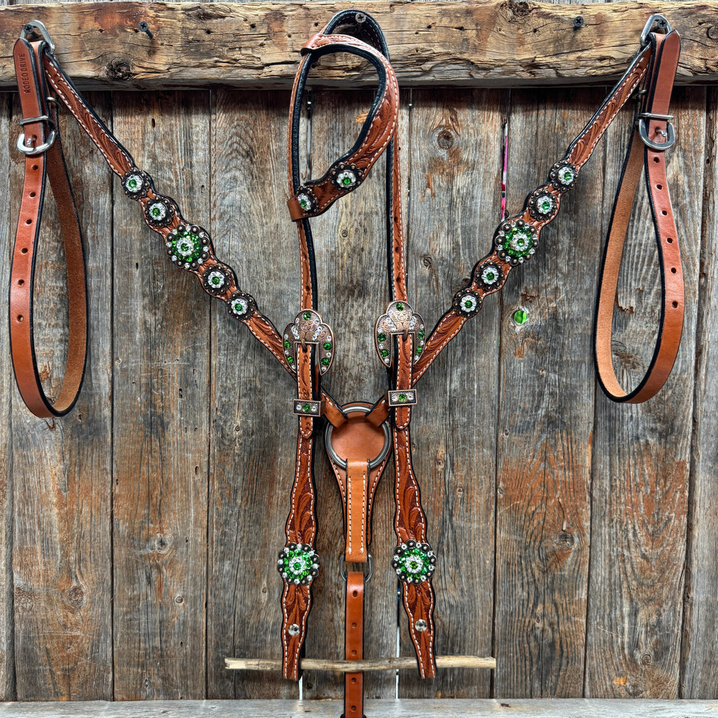 Light Oil Floral Fern, Clear Browband/One Ear Breastcollar Tack Set #BBBC677 — view 2