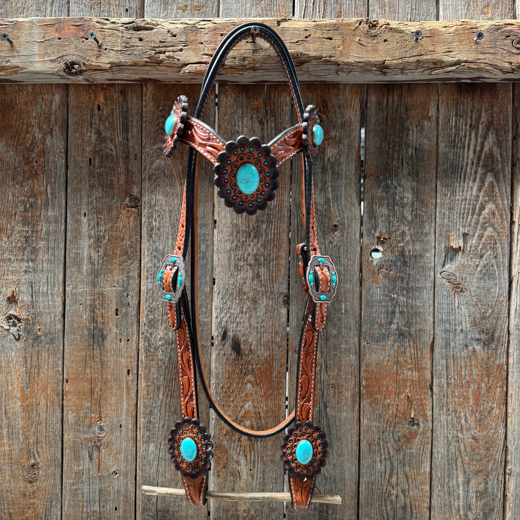Light Oil V Brow Turquoise Cabochons Browband & Breastcollar Tack Set #BBBC681 — view 2