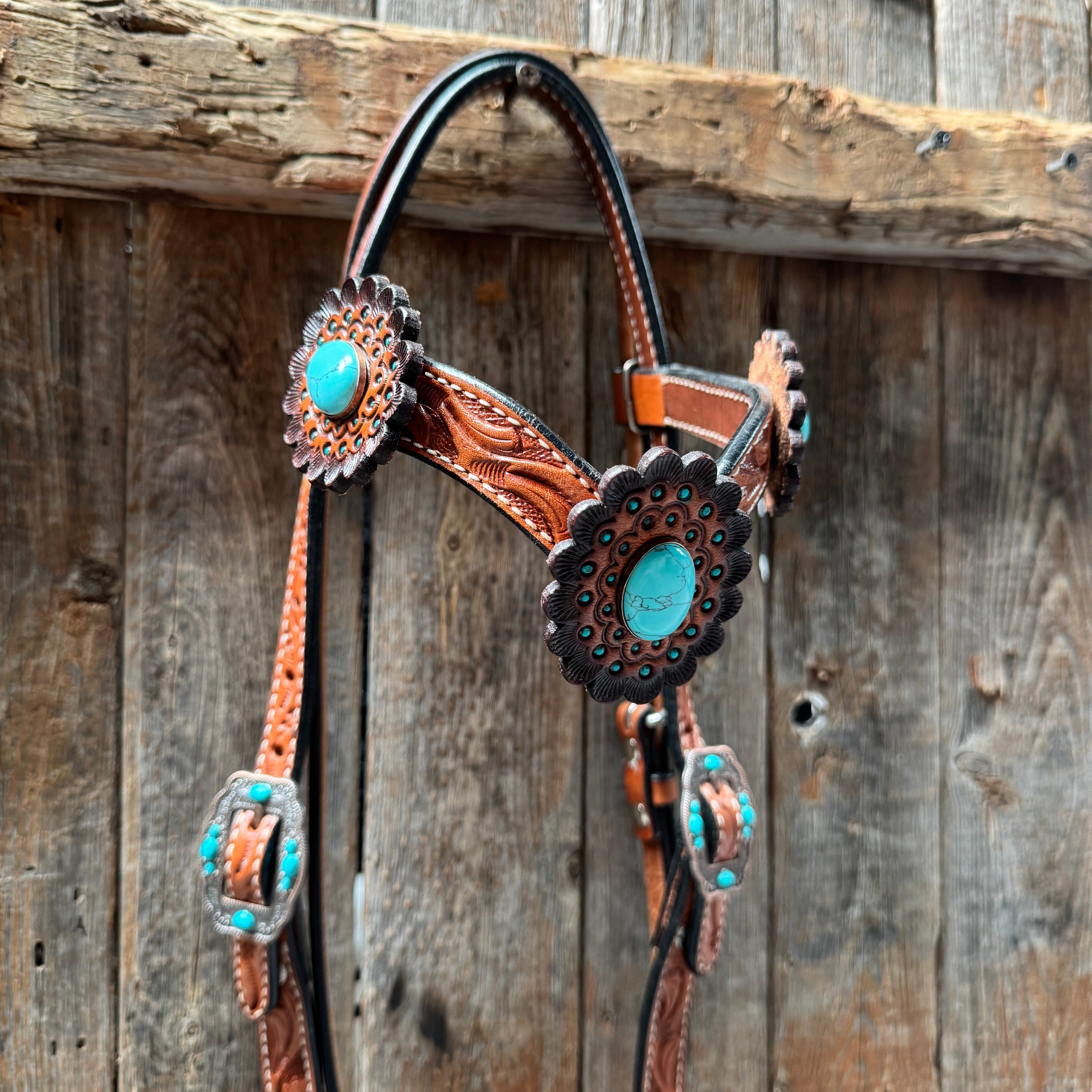 Light Oil V Brow Turquoise Cabochons Browband & Breastcollar Tack Set #BBBC681 — view 3