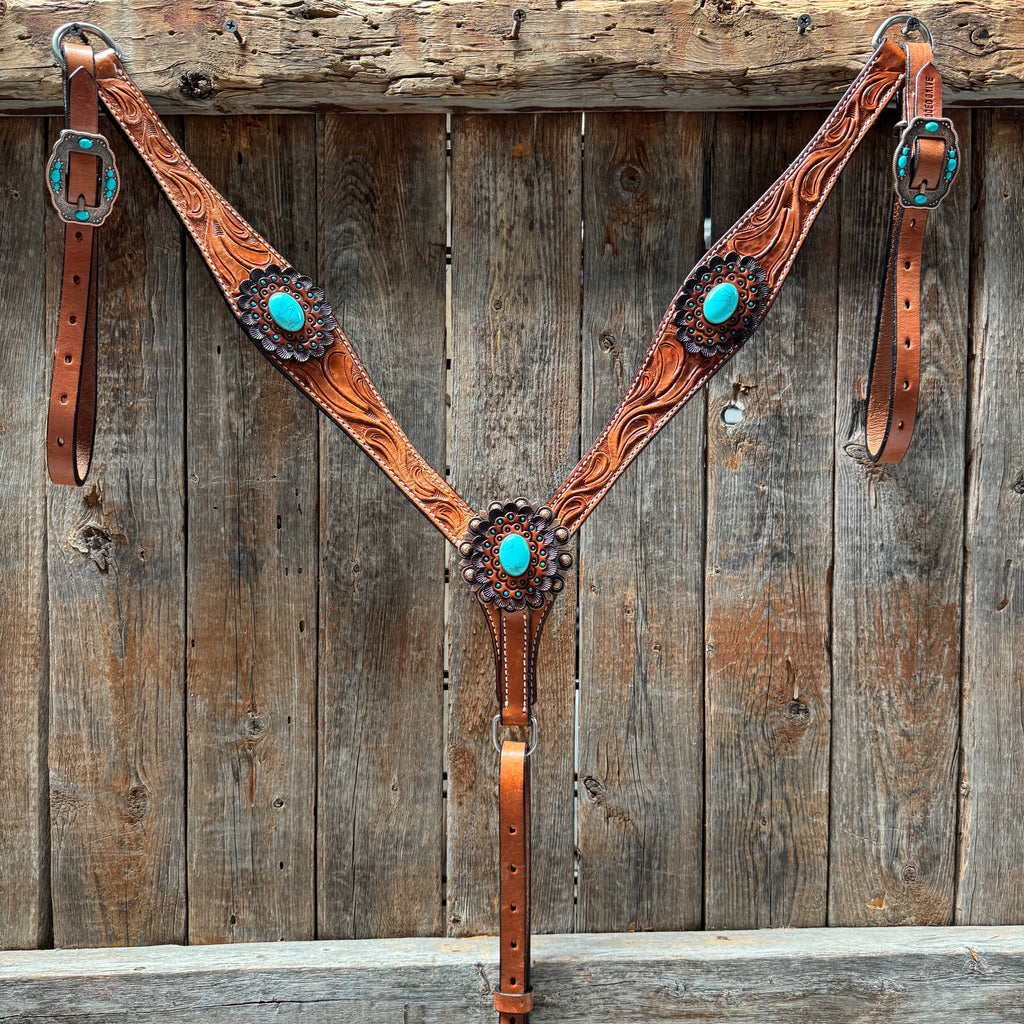 Light Oil V Brow Turquoise Cabochons Browband & Breastcollar Tack Set #BBBC681 — view 6