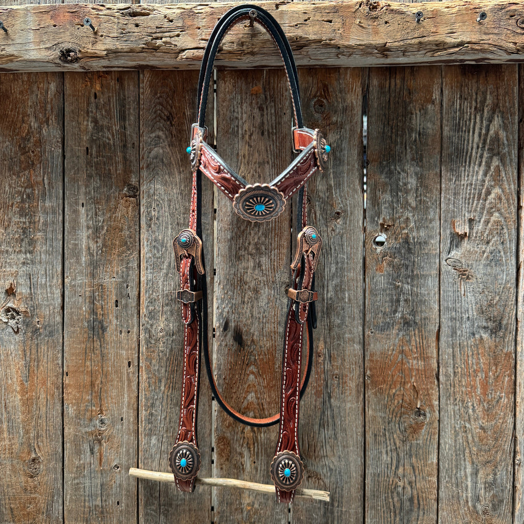 Medium Oil V Brow Oval Turquoise Browband & Breastcollar Tack Set #BBBC682 — view 2