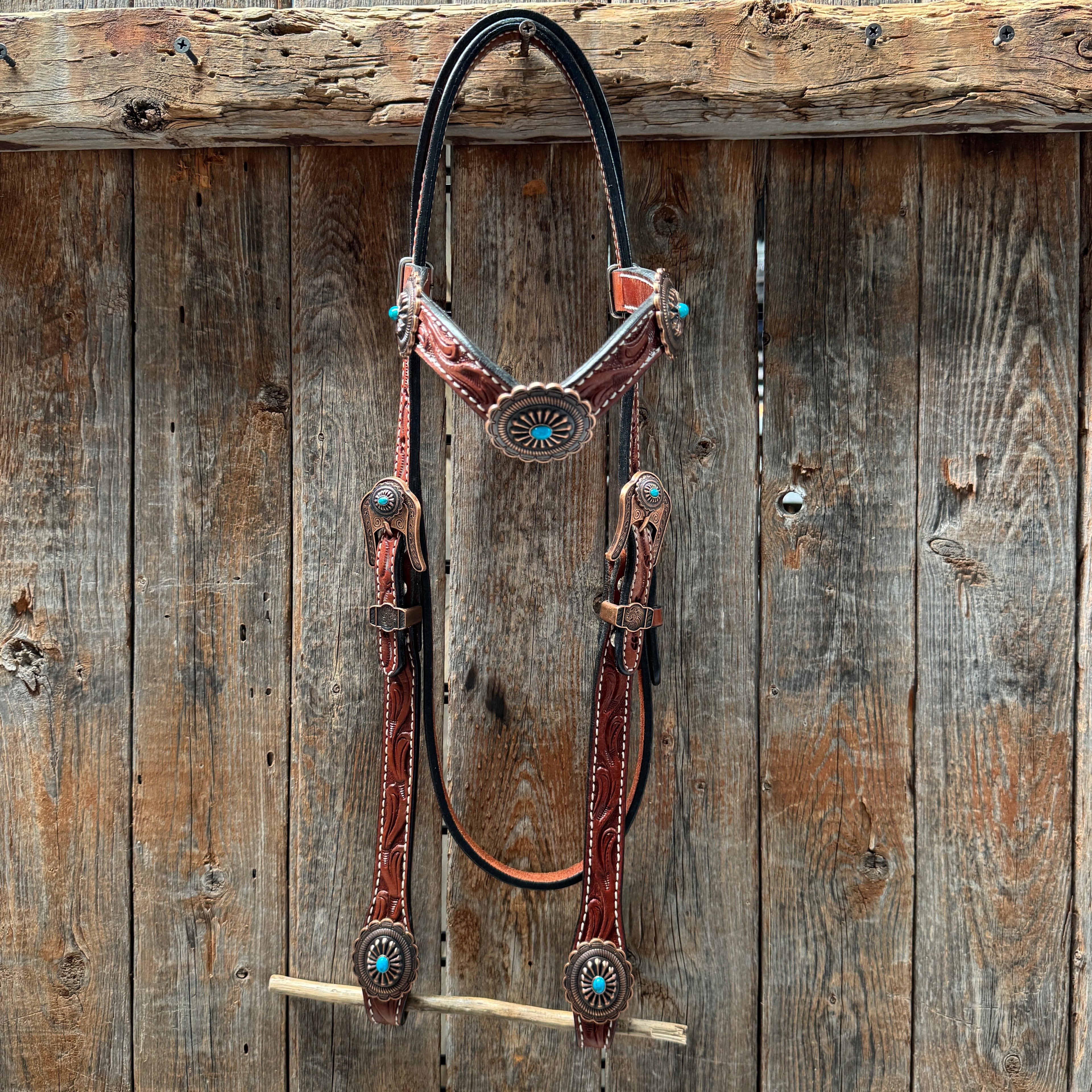 Medium Oil V Brow Oval Turquoise Browband & Breastcollar Tack Set #BBBC682 — view 2