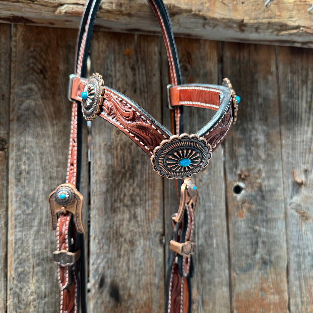 Medium Oil V Brow Oval Turquoise Browband & Breastcollar Tack Set #BBBC682 — view 3