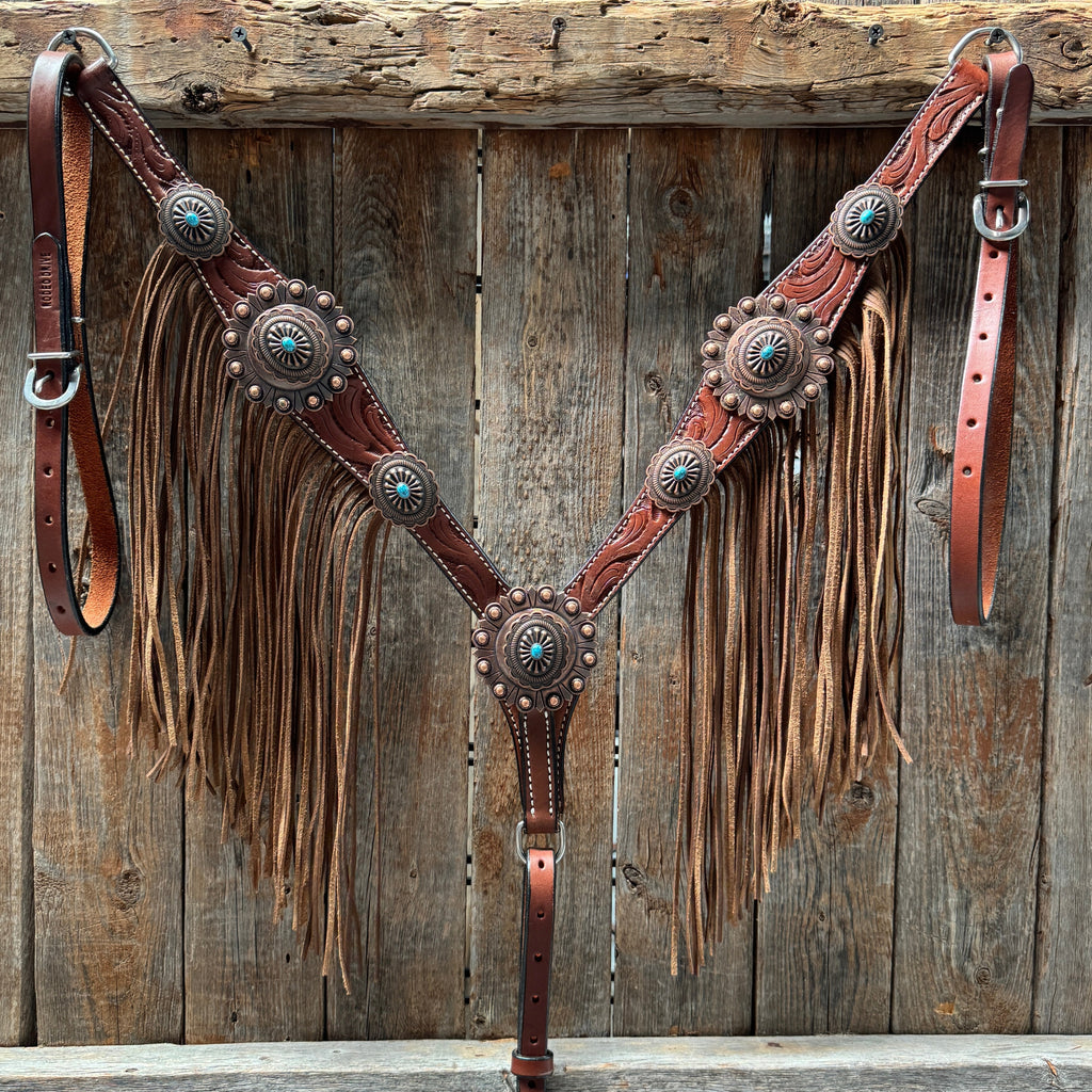 Medium Oil V Brow Oval Turquoise Browband & Breastcollar Tack Set #BBBC682 — view 6
