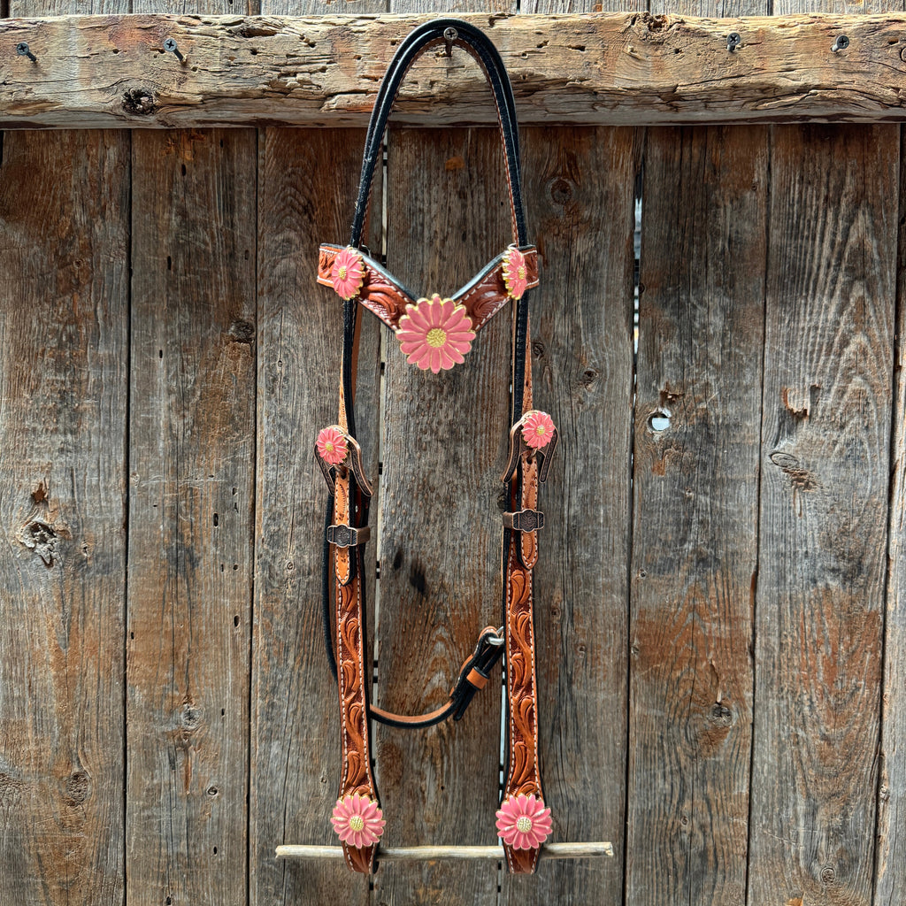 Light Oil V Brow Pink Flower Browband & Breastcollar Tack Set #BBBC680 — view 2
