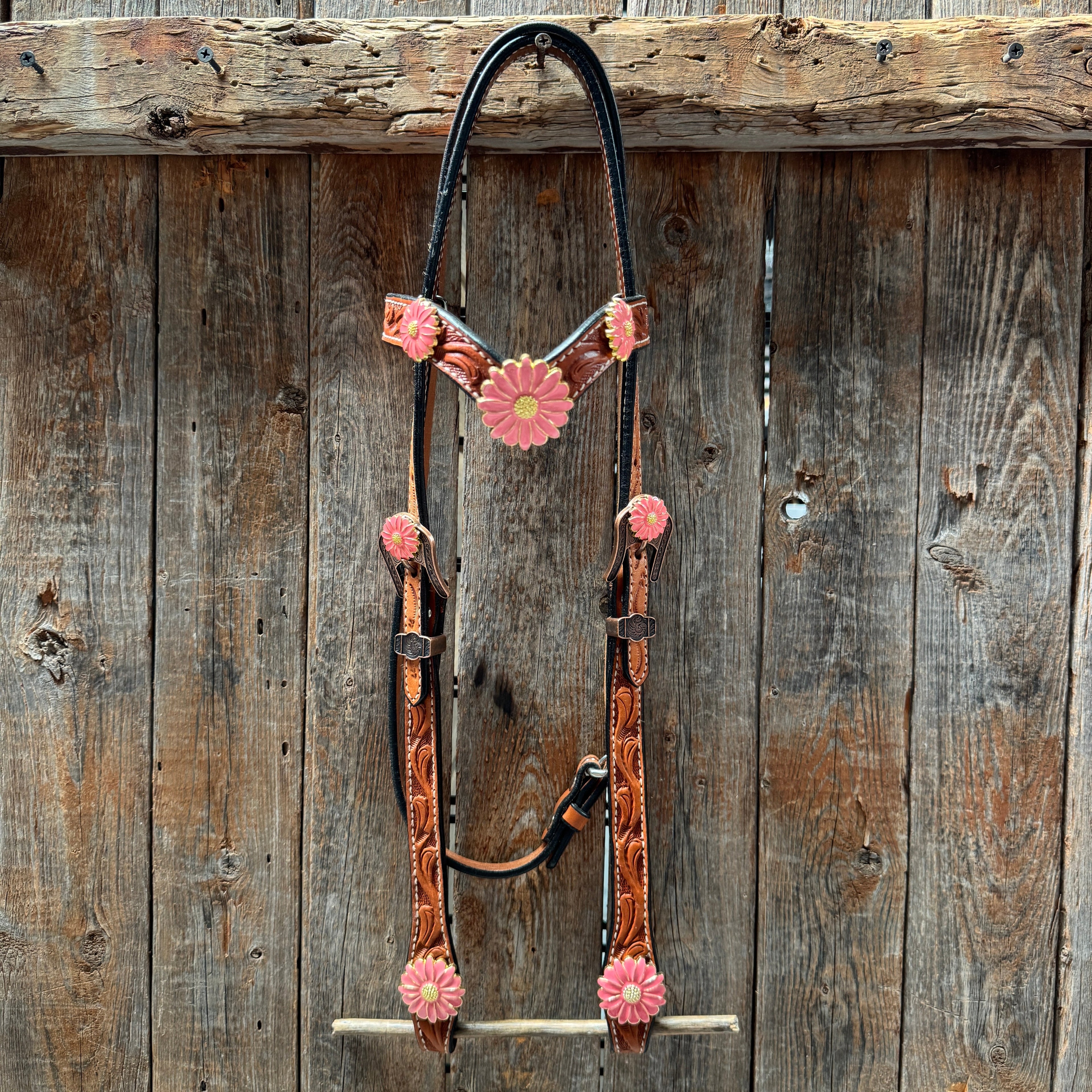 Light Oil V Brow Pink Flower Browband & Breastcollar Tack Set #BBBC680 — view 2