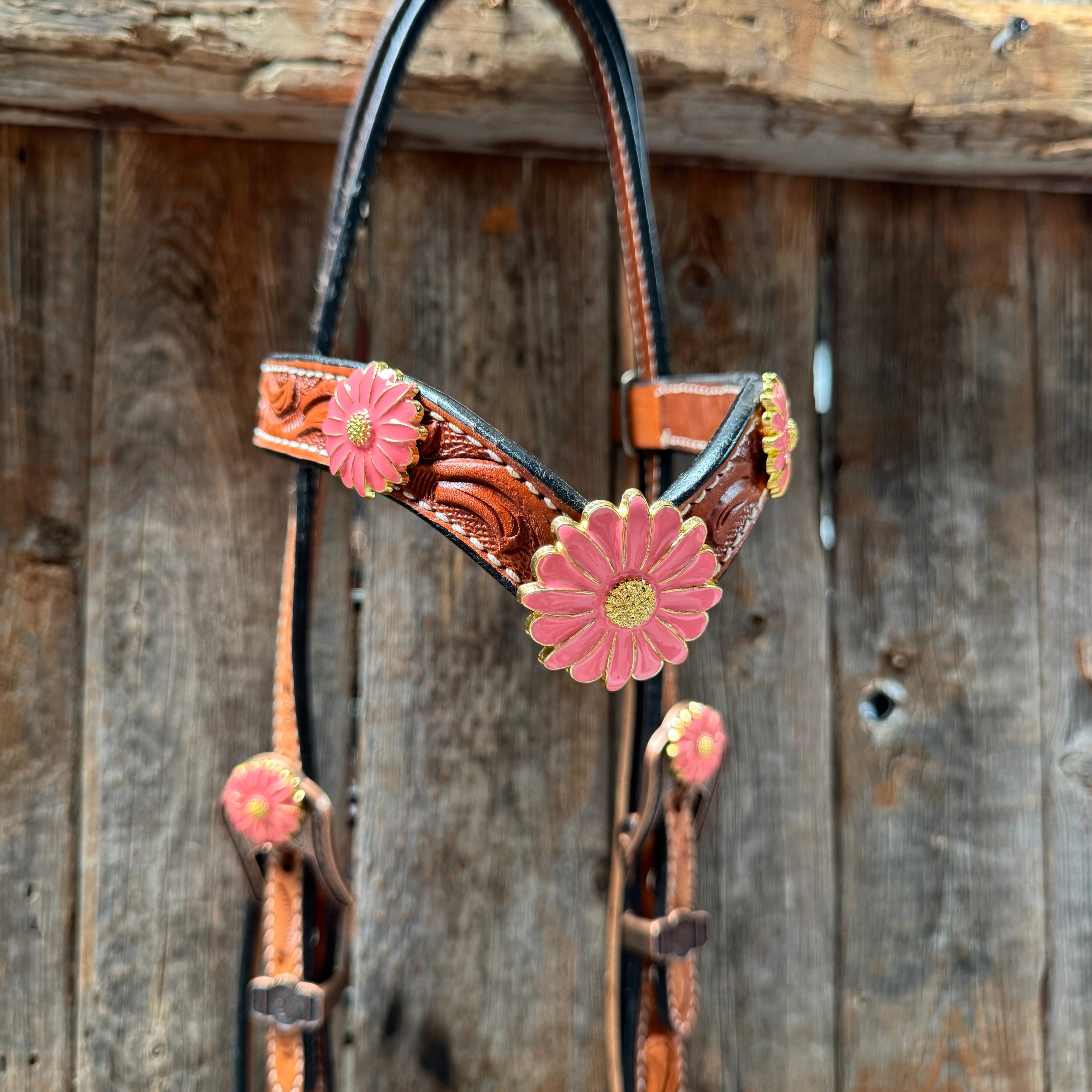 Light Oil V Brow Pink Flower Browband & Breastcollar Tack Set #BBBC680 — view 3