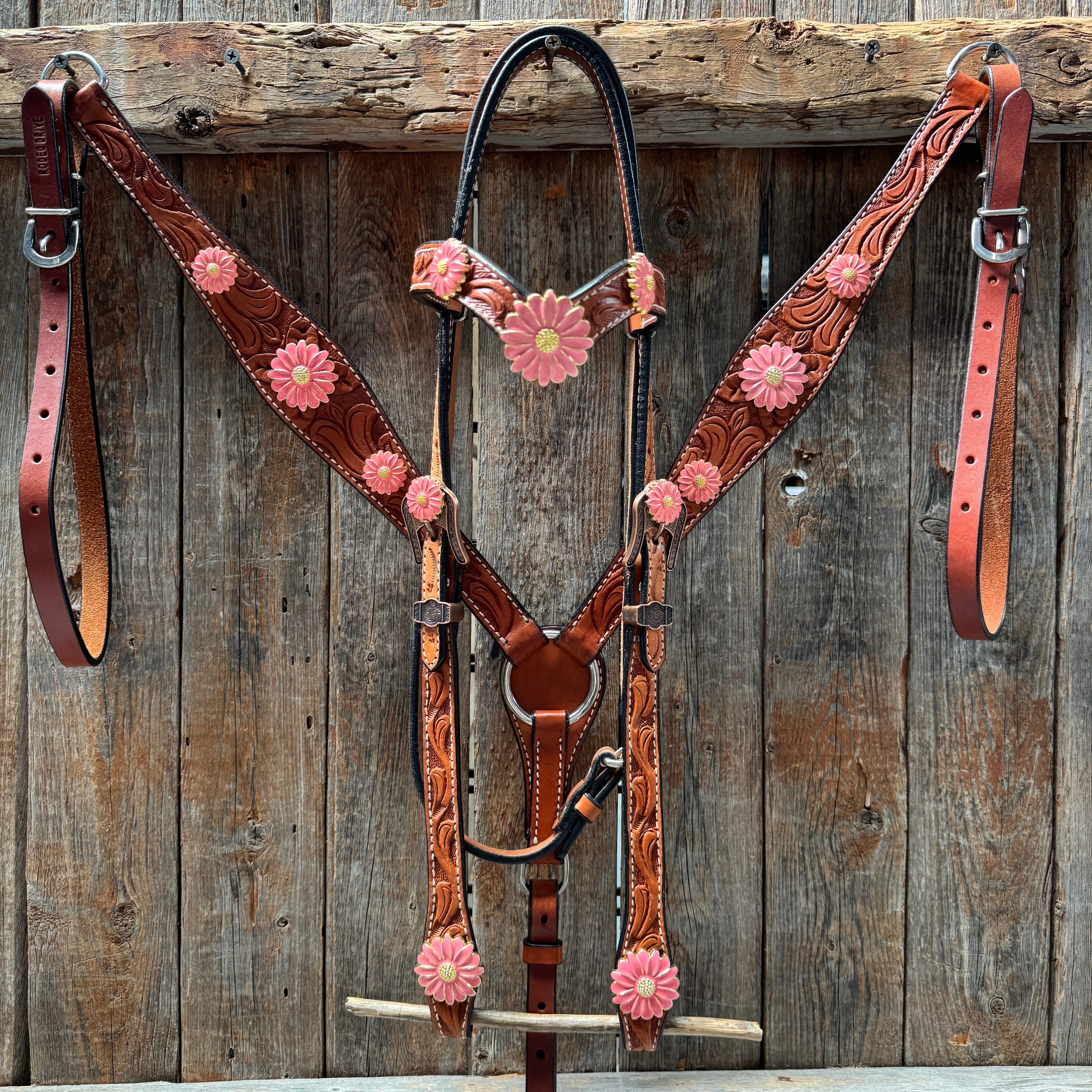 Light Oil V Brow Pink Flower Browband & Breastcollar Tack Set #BBBC680