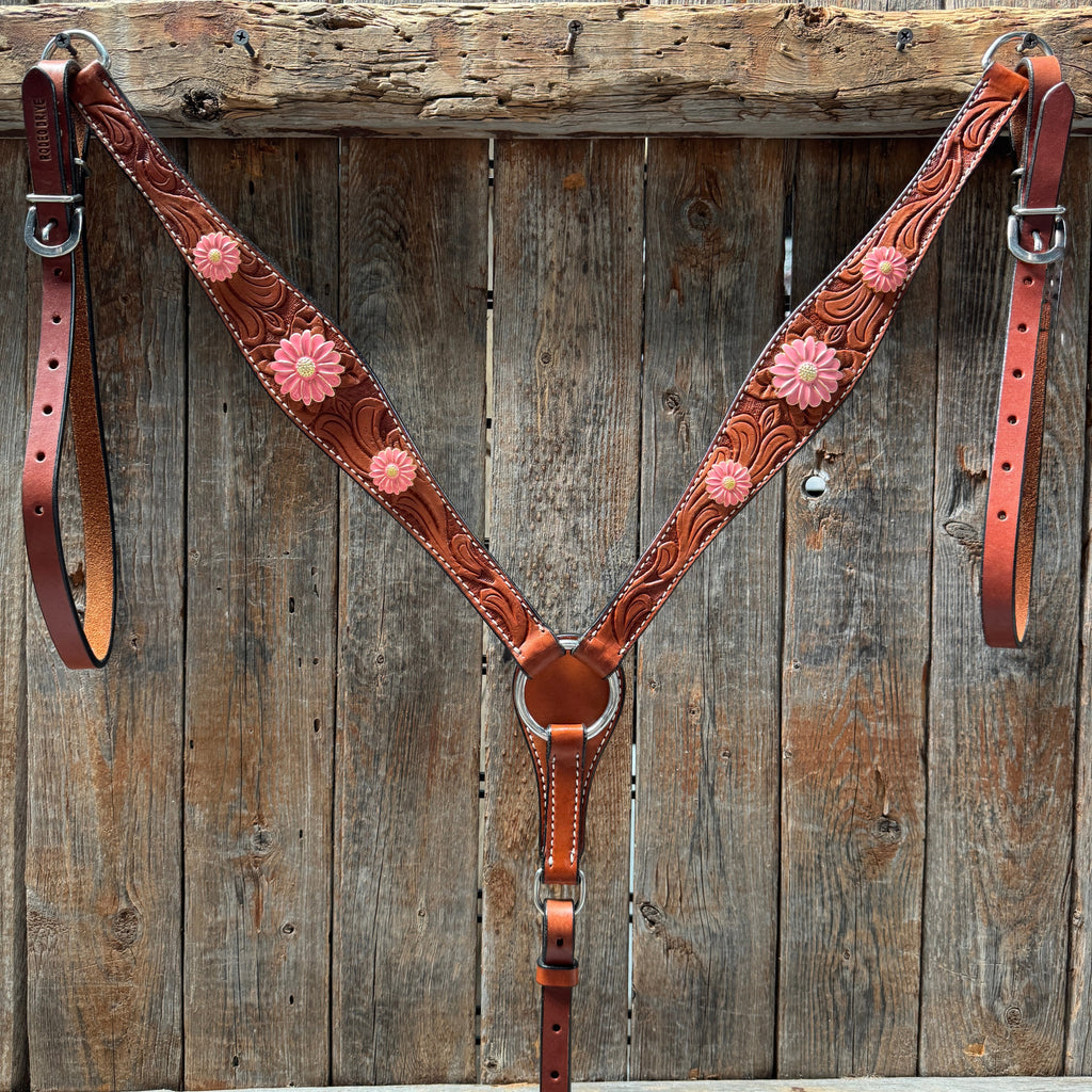 Light Oil V Brow Pink Flower Browband & Breastcollar Tack Set #BBBC680 — view 6