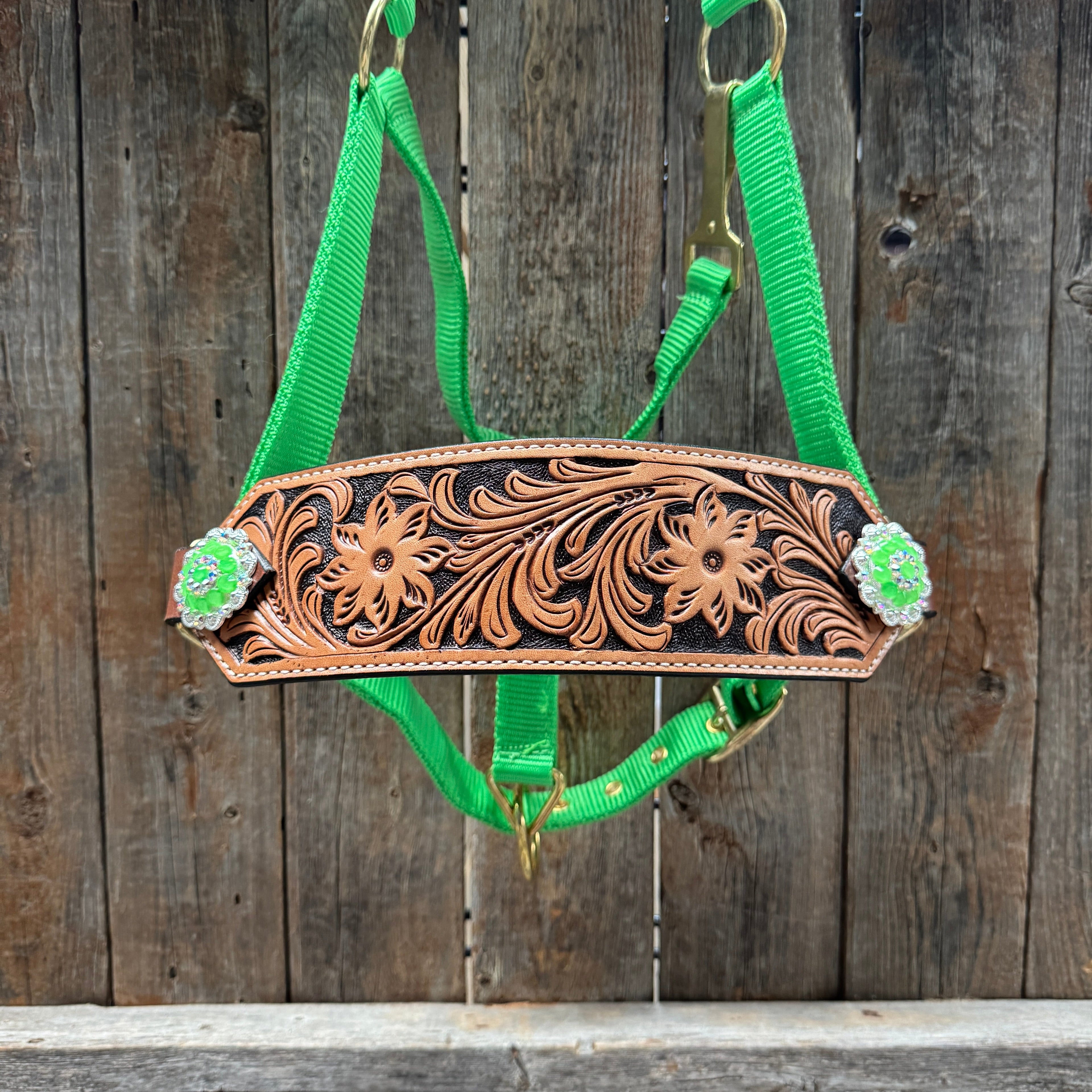 Lime Nylon Horse Halter – Bronc Noseband with Crystal Conchos NH102 — view 3