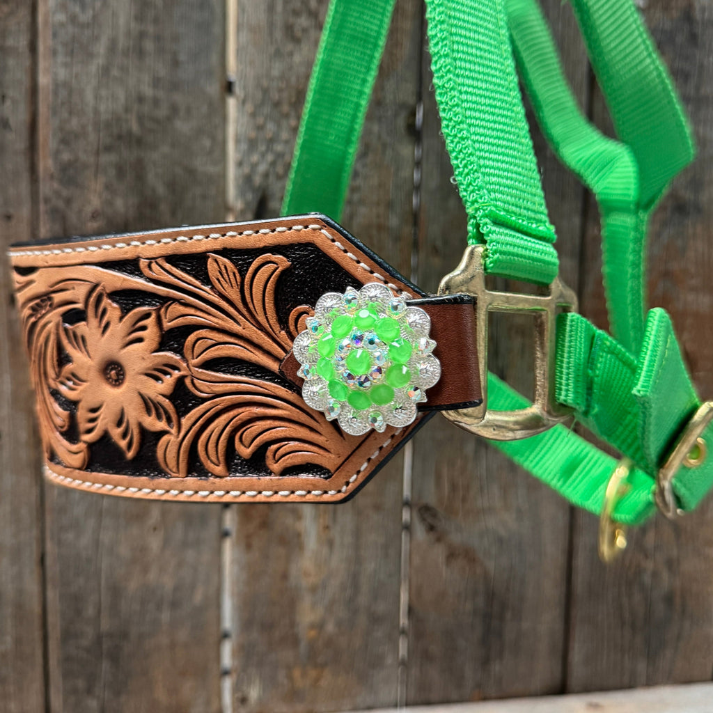 Lime Nylon Horse Halter – Bronc Noseband with Crystal Conchos NH102 — view 4