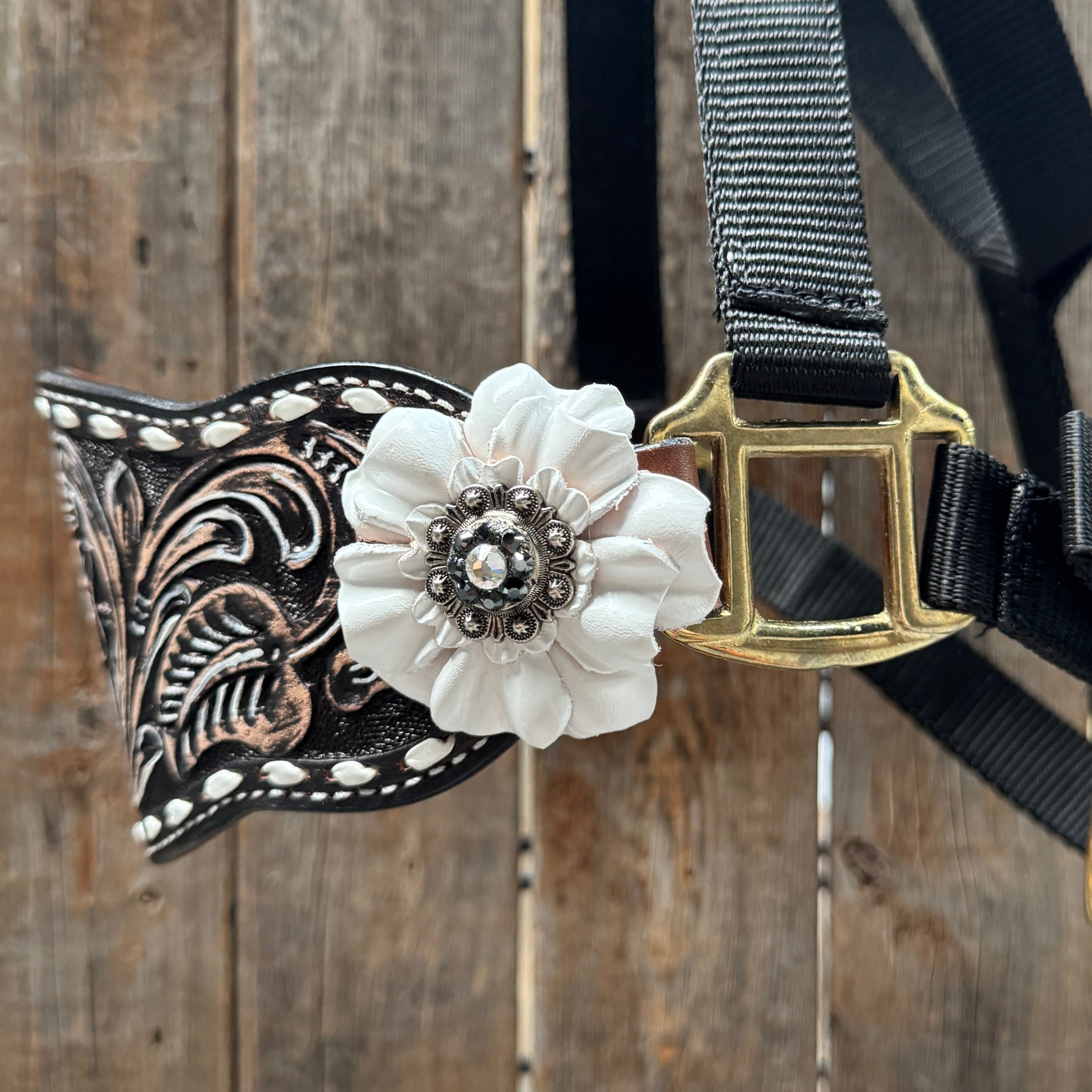 Black Nylon Horse Halter – Bronc Noseband with Crystal Conchos NH103 — view 4