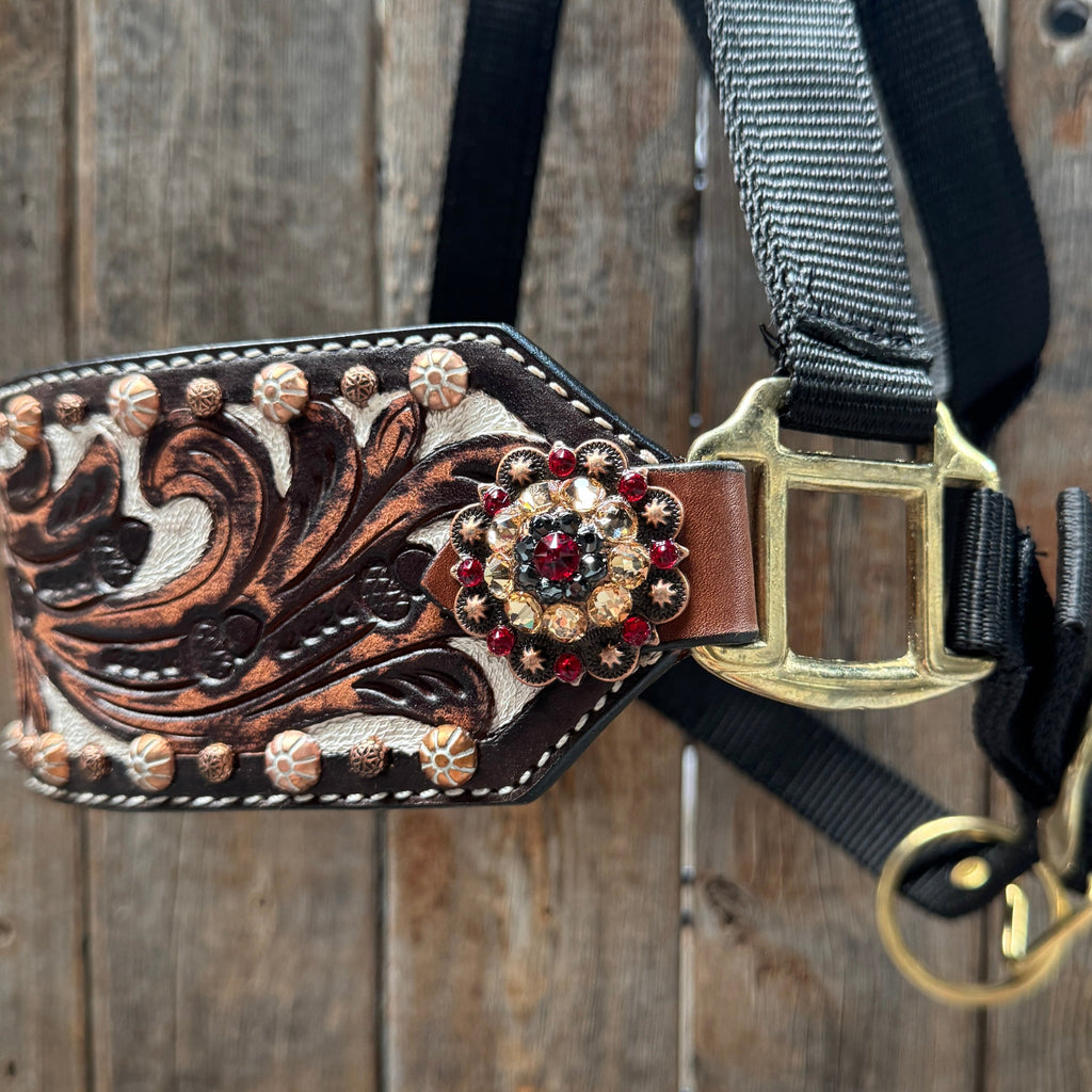Black Nylon Horse Halter – Bronc Noseband with Crystal Conchos NH100 — view 4