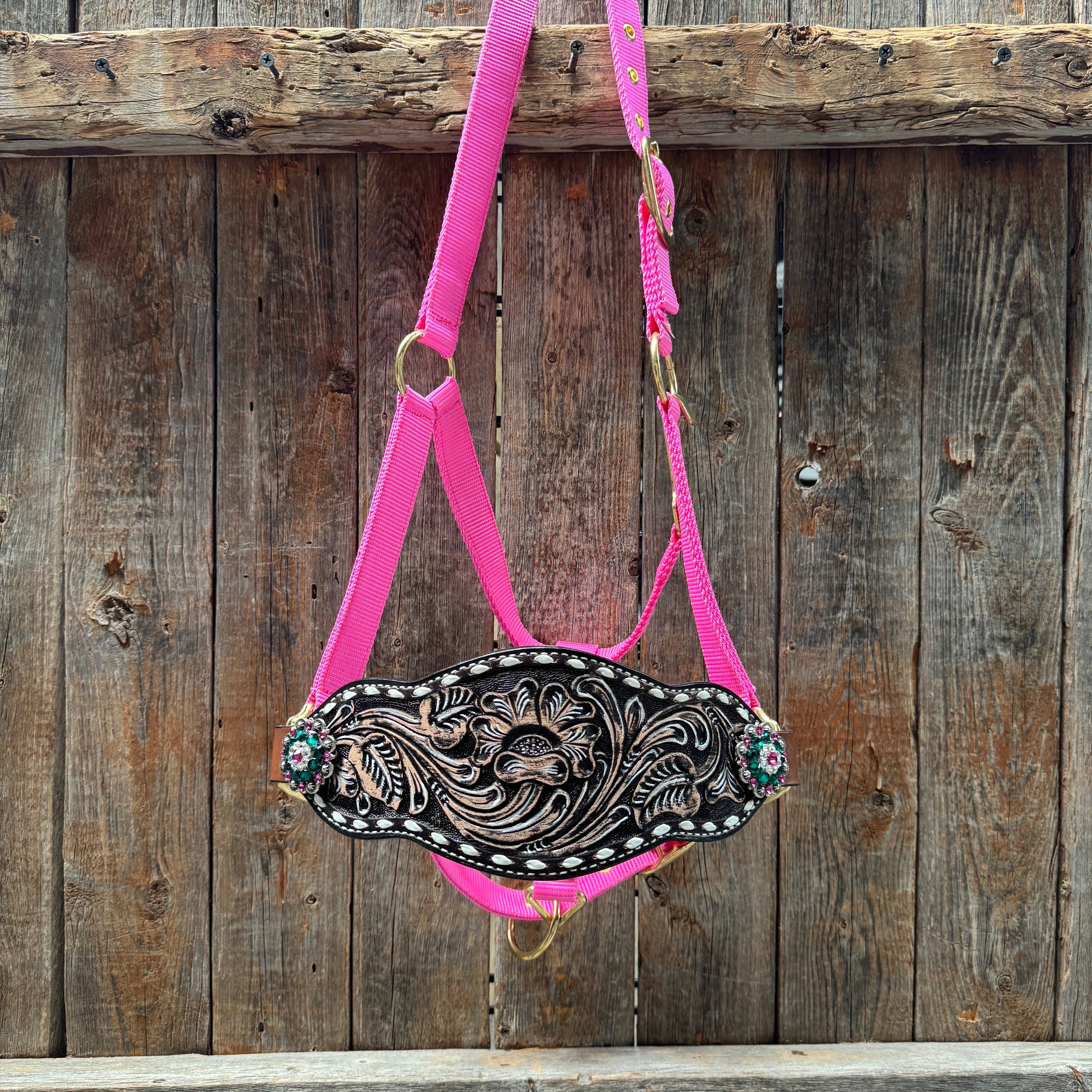Pink Nylon Horse Halter – Bronc Noseband with Crystal Conchos NH101 — view 2