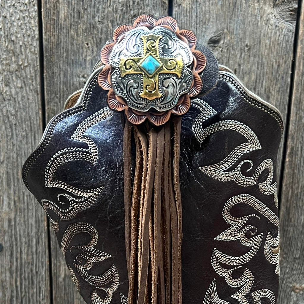 Boot Cuff Jewelry -  Antique Silver Cross Turquoise Concho - Fringe