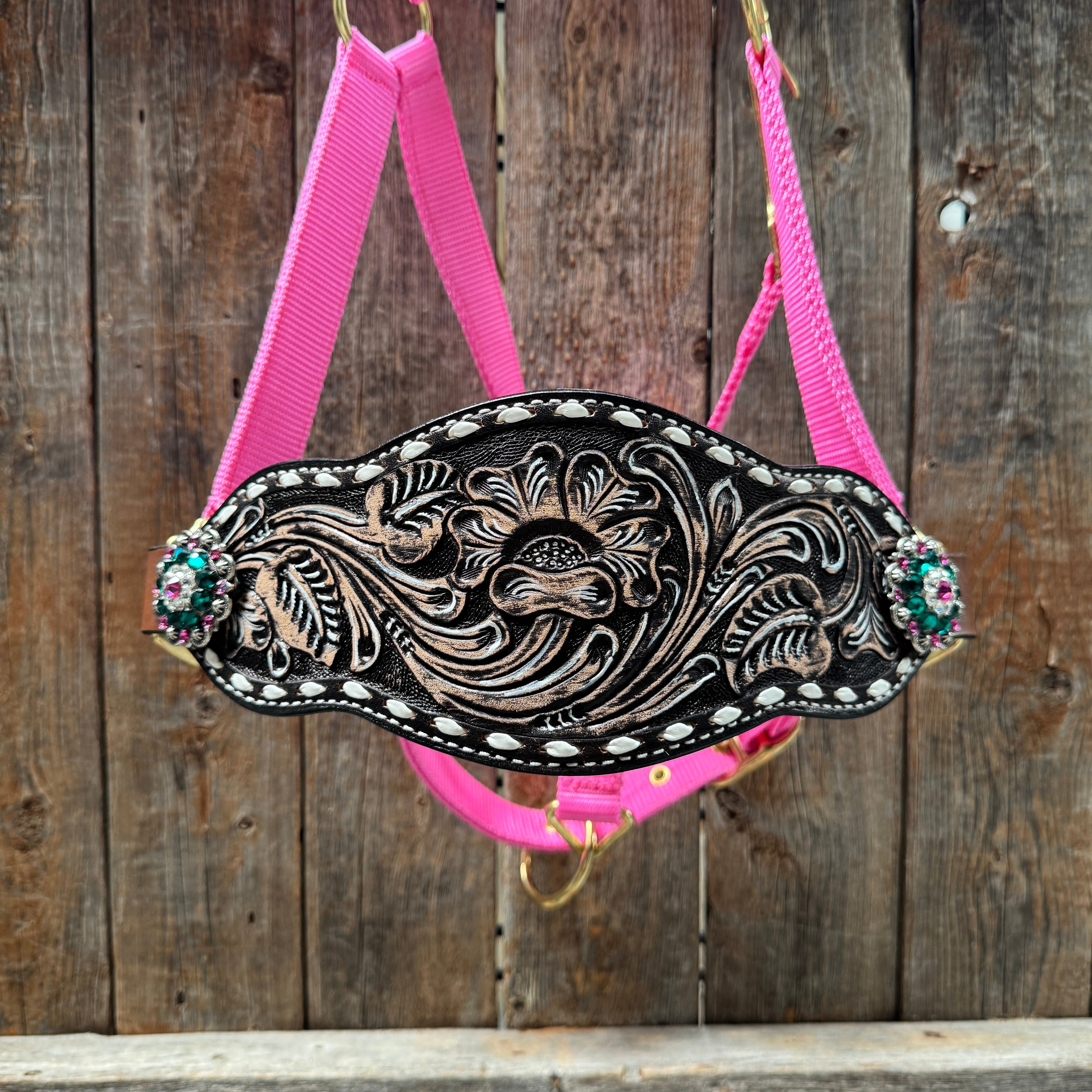 Pink Nylon Horse Halter – Bronc Noseband with Crystal Conchos NH101 — view 3