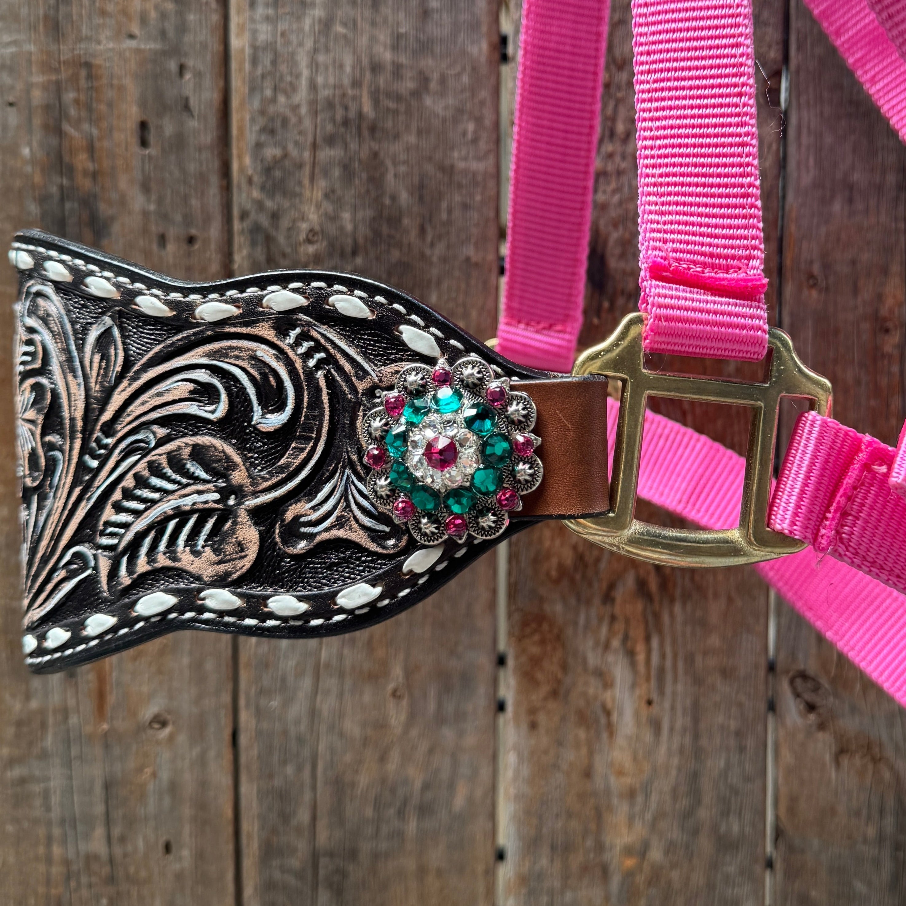 Pink Nylon Horse Halter – Bronc Noseband with Crystal Conchos NH101 — view 4