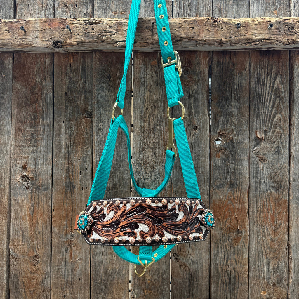Teal Nylon Horse Halter – Bronc Noseband with Crystal Conchos NH105 — view 2