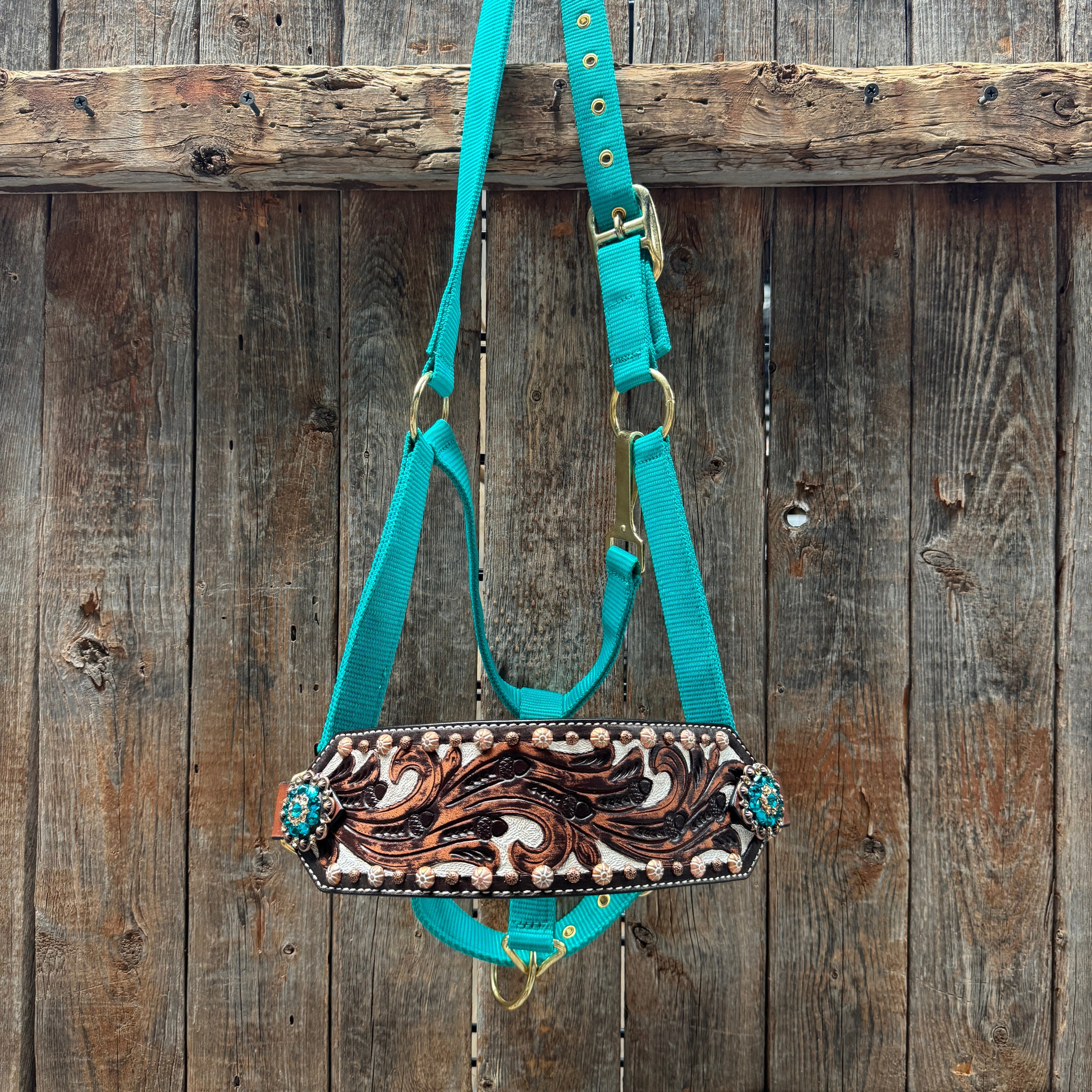 Teal Nylon Horse Halter – Bronc Noseband with Crystal Conchos NH105 — view 2