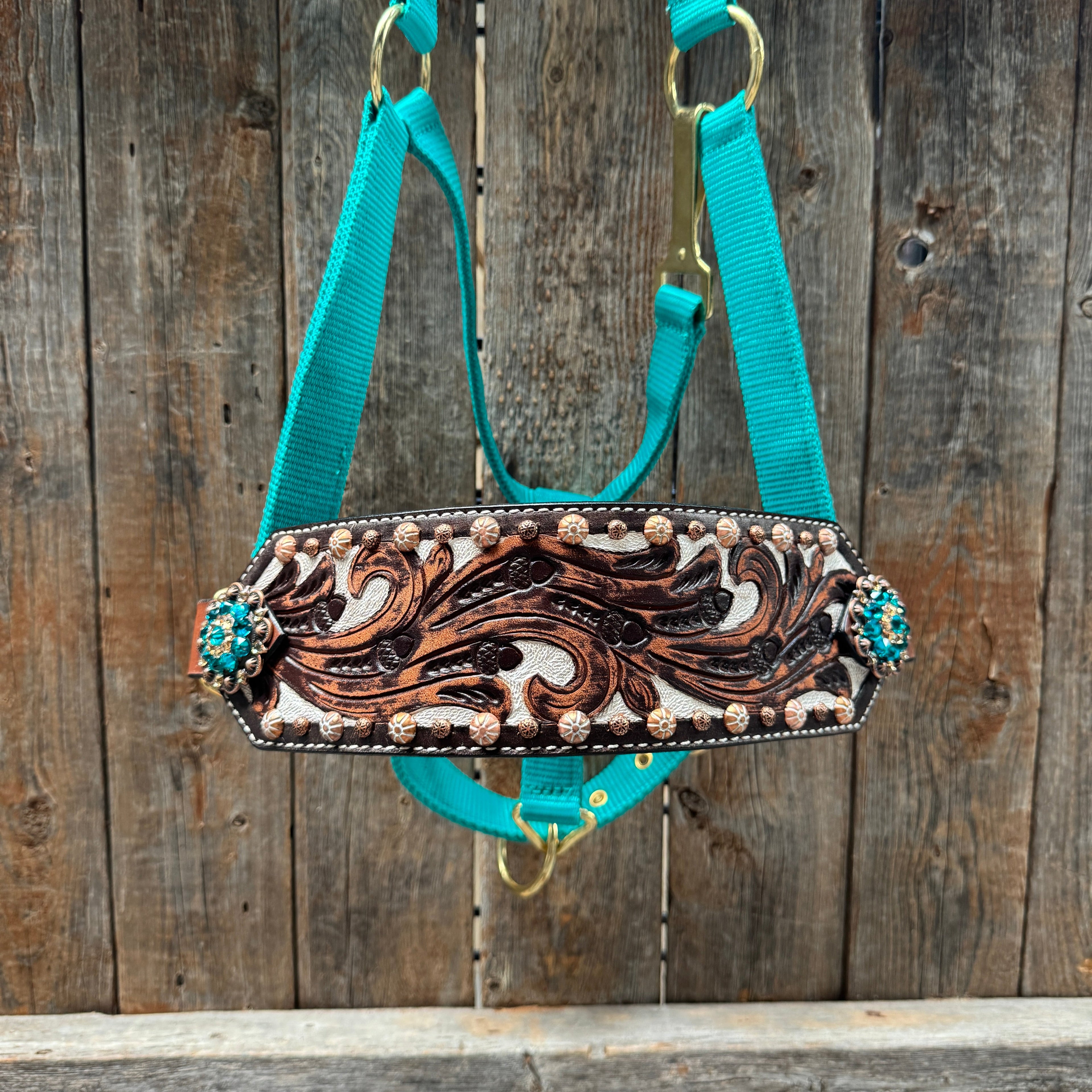 Teal Nylon Horse Halter – Bronc Noseband with Crystal Conchos NH105 — view 3