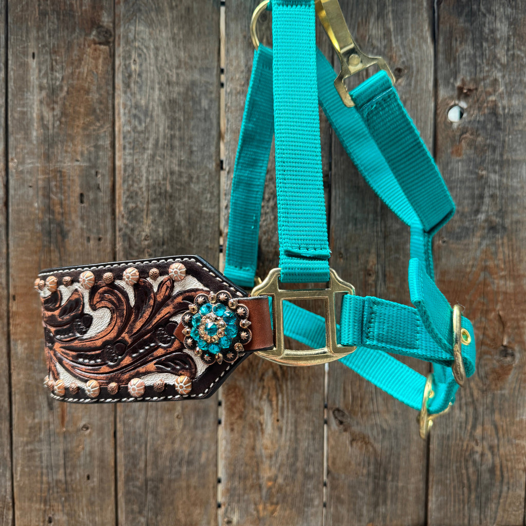 Teal Nylon Horse Halter – Bronc Noseband with Crystal Conchos NH105 — view 4