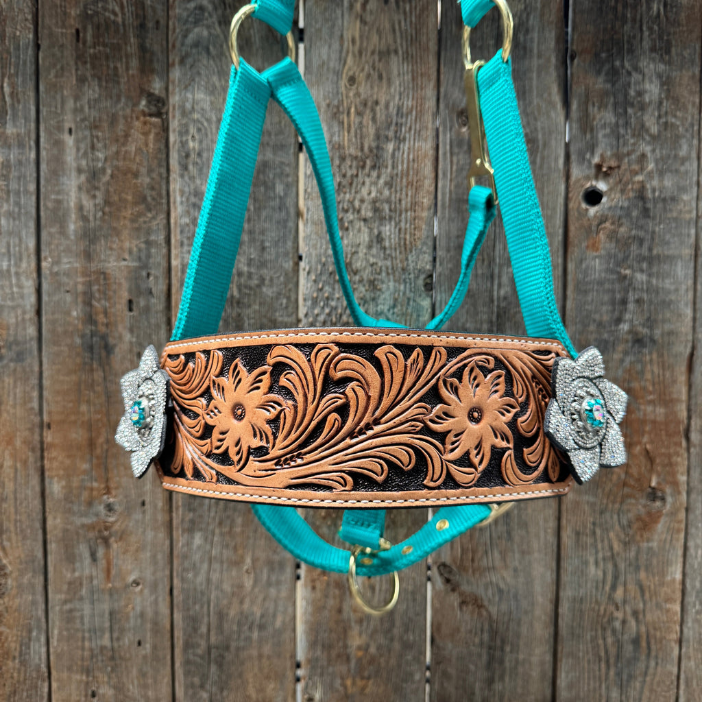 Teal Nylon Horse Halter – Bronc Noseband with Crystal Conchos NH106 — view 3