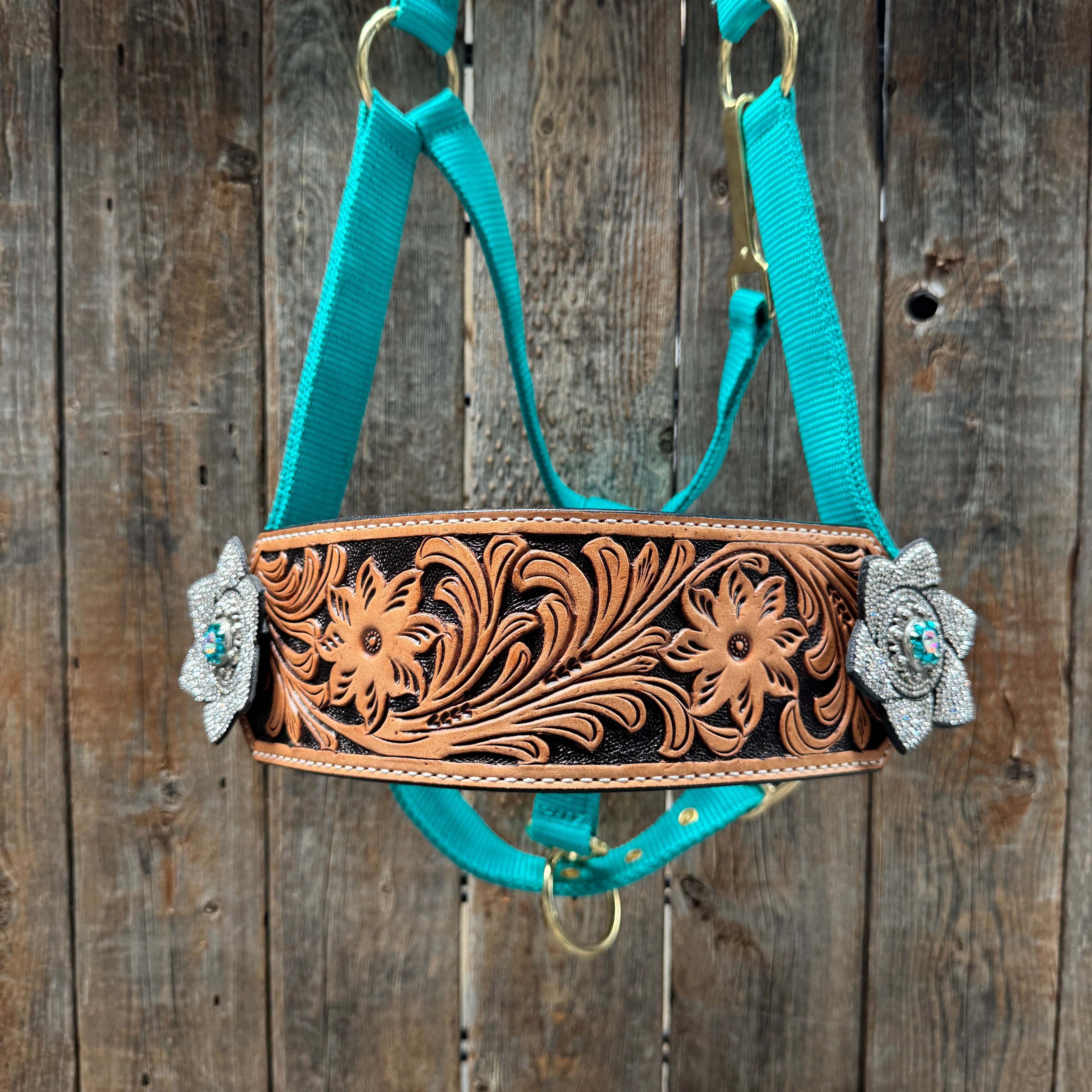 Teal Nylon Horse Halter – Bronc Noseband with Crystal Conchos NH106 — view 3