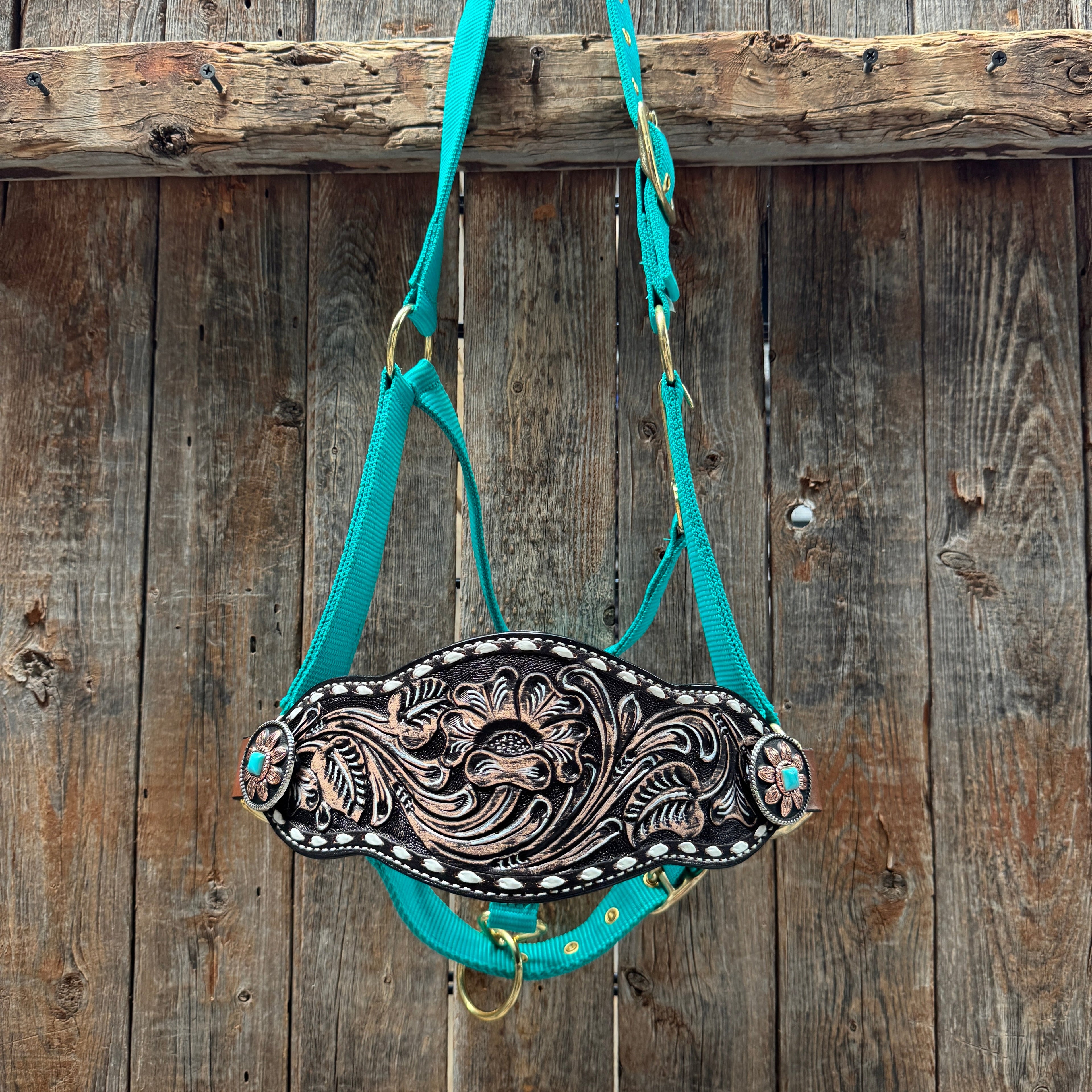 Teal Nylon Horse Halter – Bronc Noseband with Western Conchos NH107 — view 2