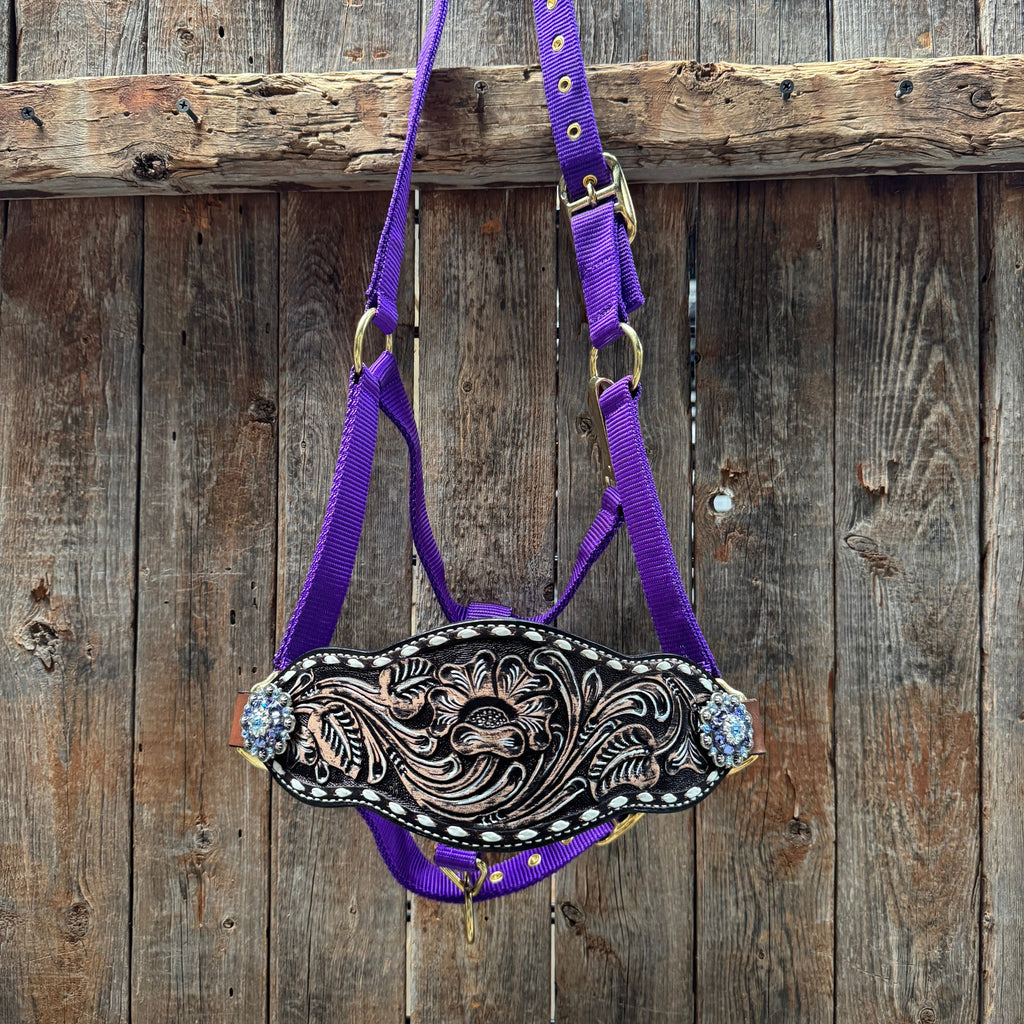 Purple Nylon Horse Halter – Bronc Noseband with Crystal Conchos NH108 — view 2