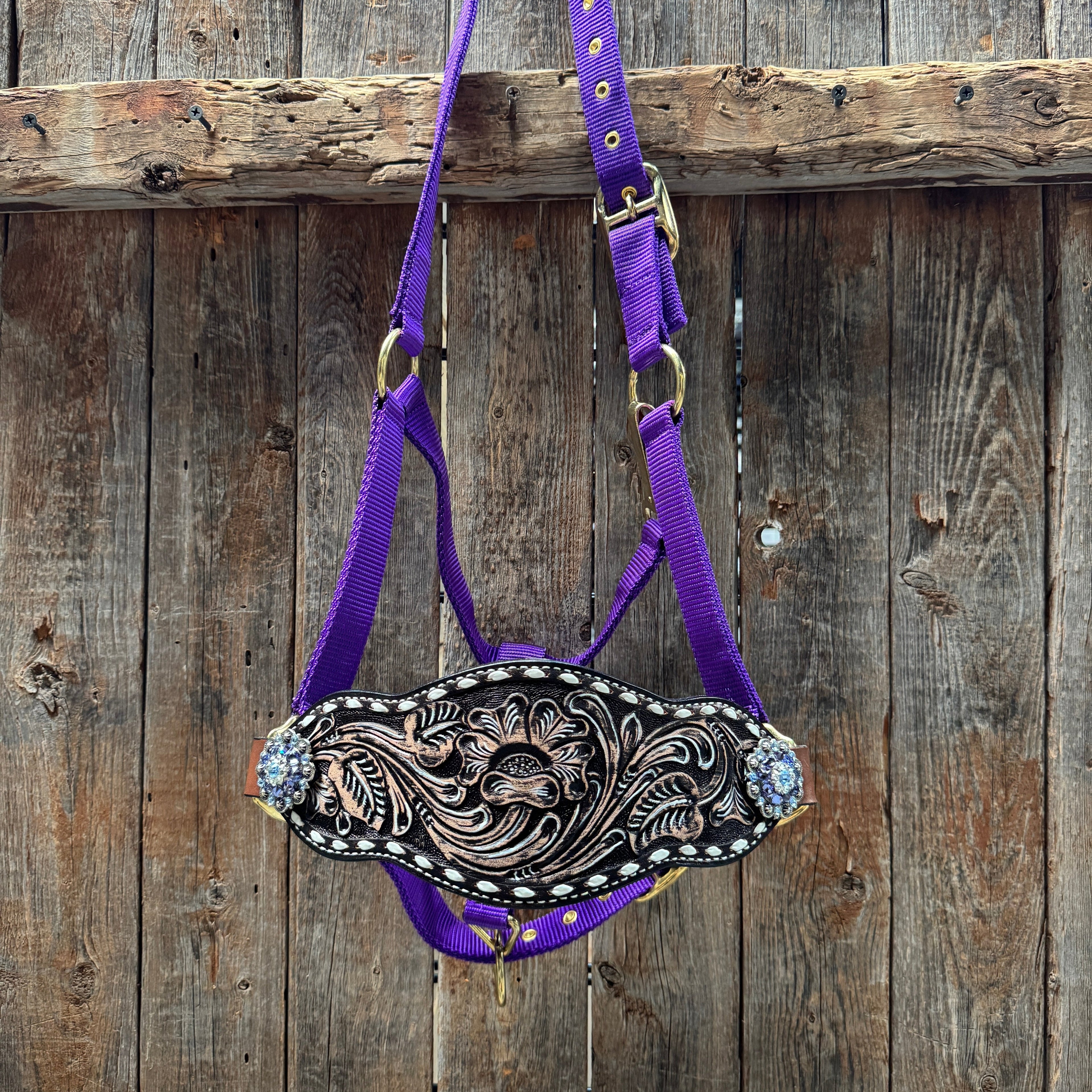 Purple Nylon Horse Halter – Bronc Noseband with Crystal Conchos NH108 — view 2