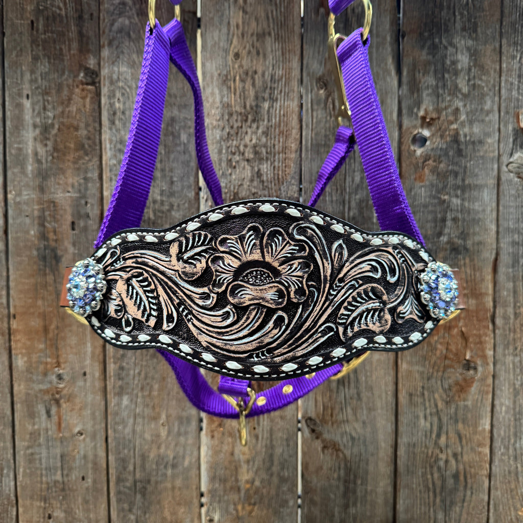Purple Nylon Horse Halter – Bronc Noseband with Crystal Conchos NH108 — view 3