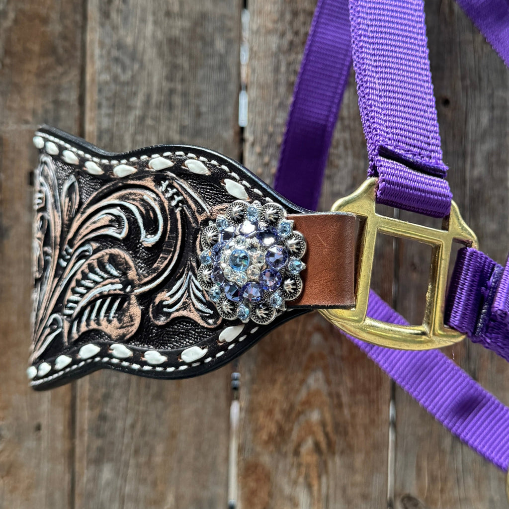 Purple Nylon Horse Halter – Bronc Noseband with Crystal Conchos NH108 — view 4