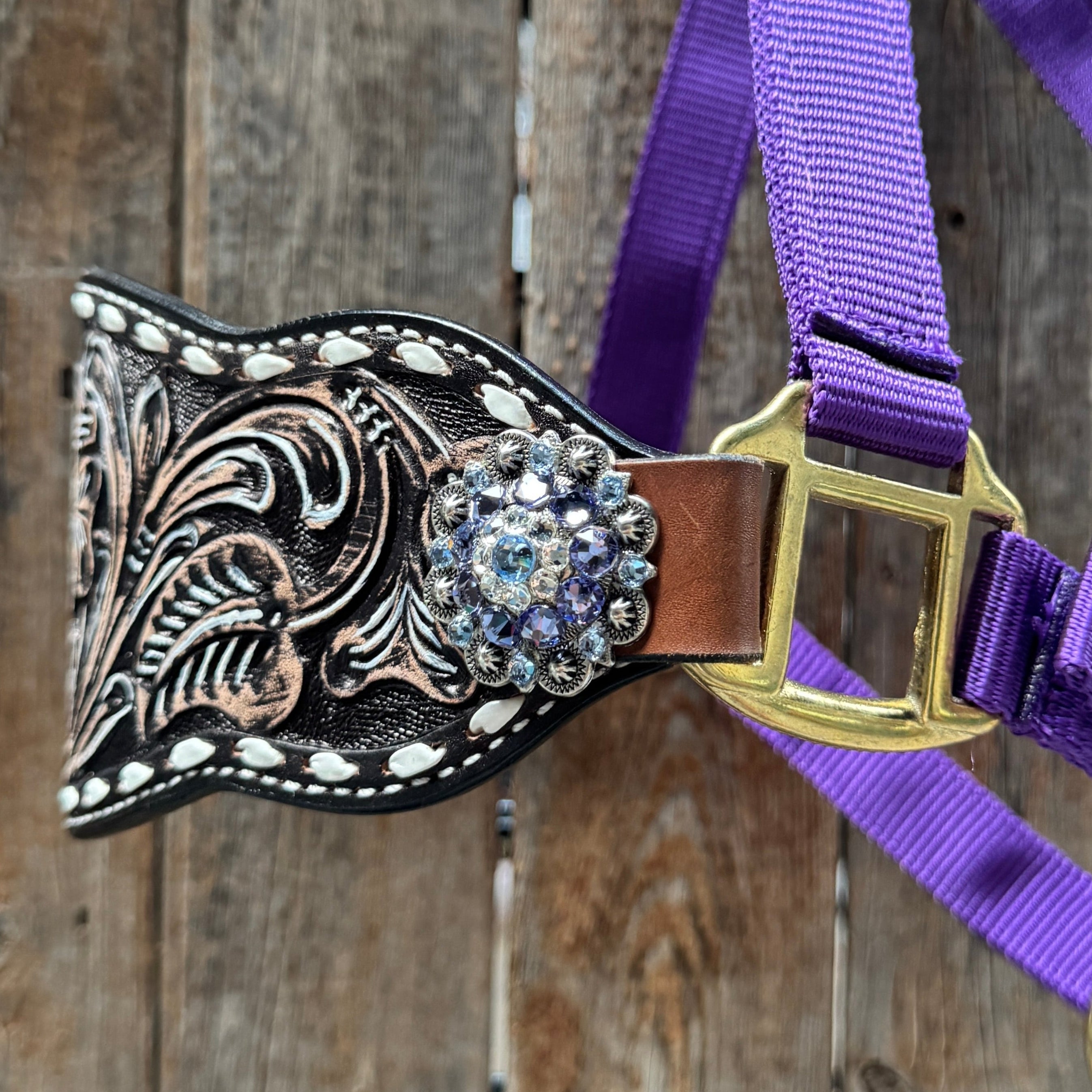 Purple Nylon Horse Halter – Bronc Noseband with Crystal Conchos NH108 — view 4