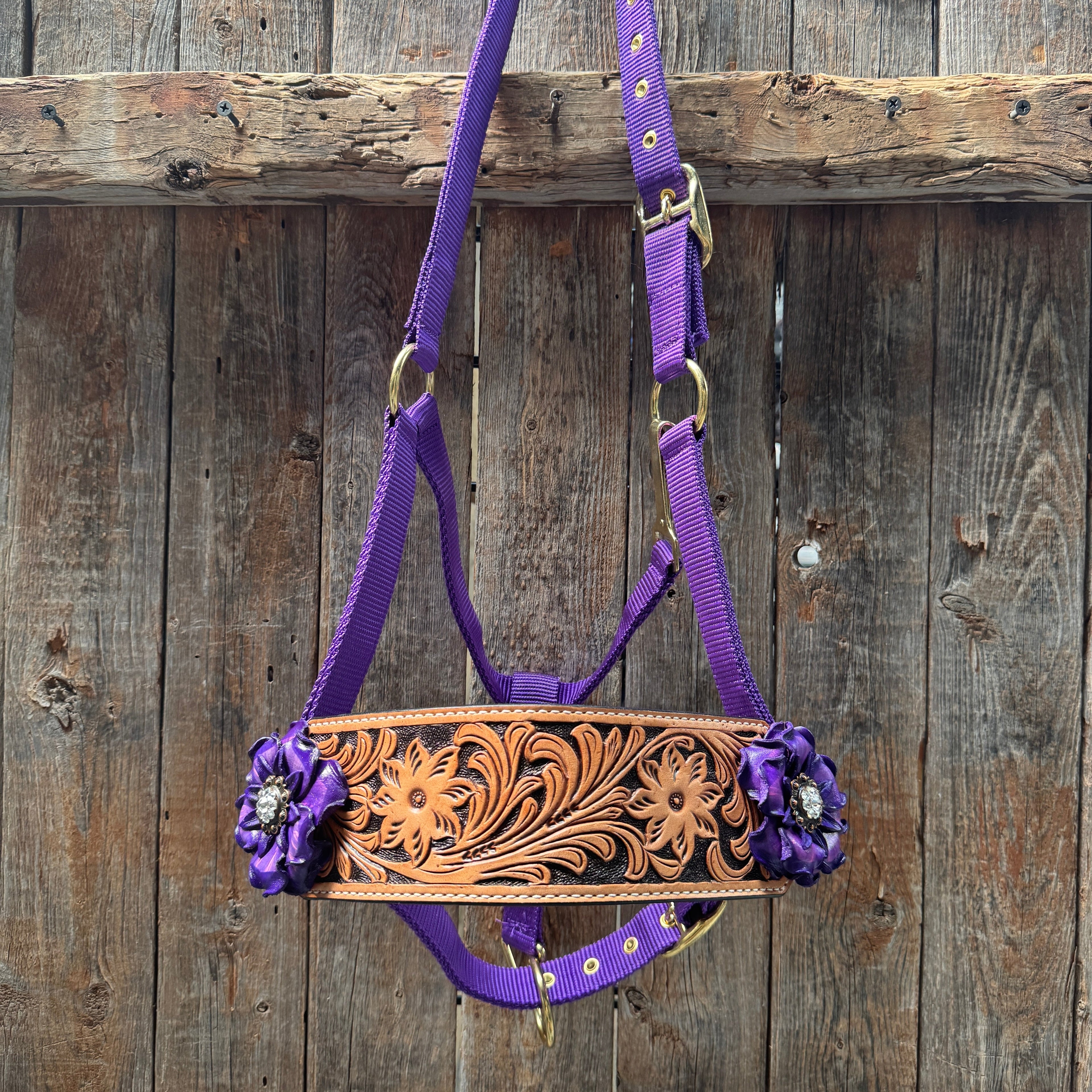 Purple Nylon Horse Halter – Bronc Noseband with Crystal Conchos NH109 — view 2