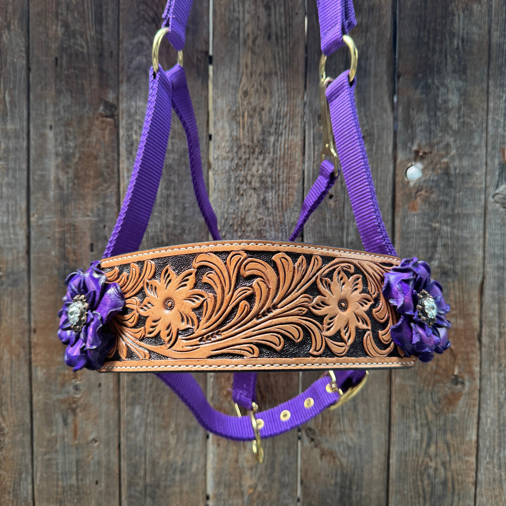 Purple Nylon Horse Halter – Bronc Noseband with Crystal Conchos NH109 — view 3