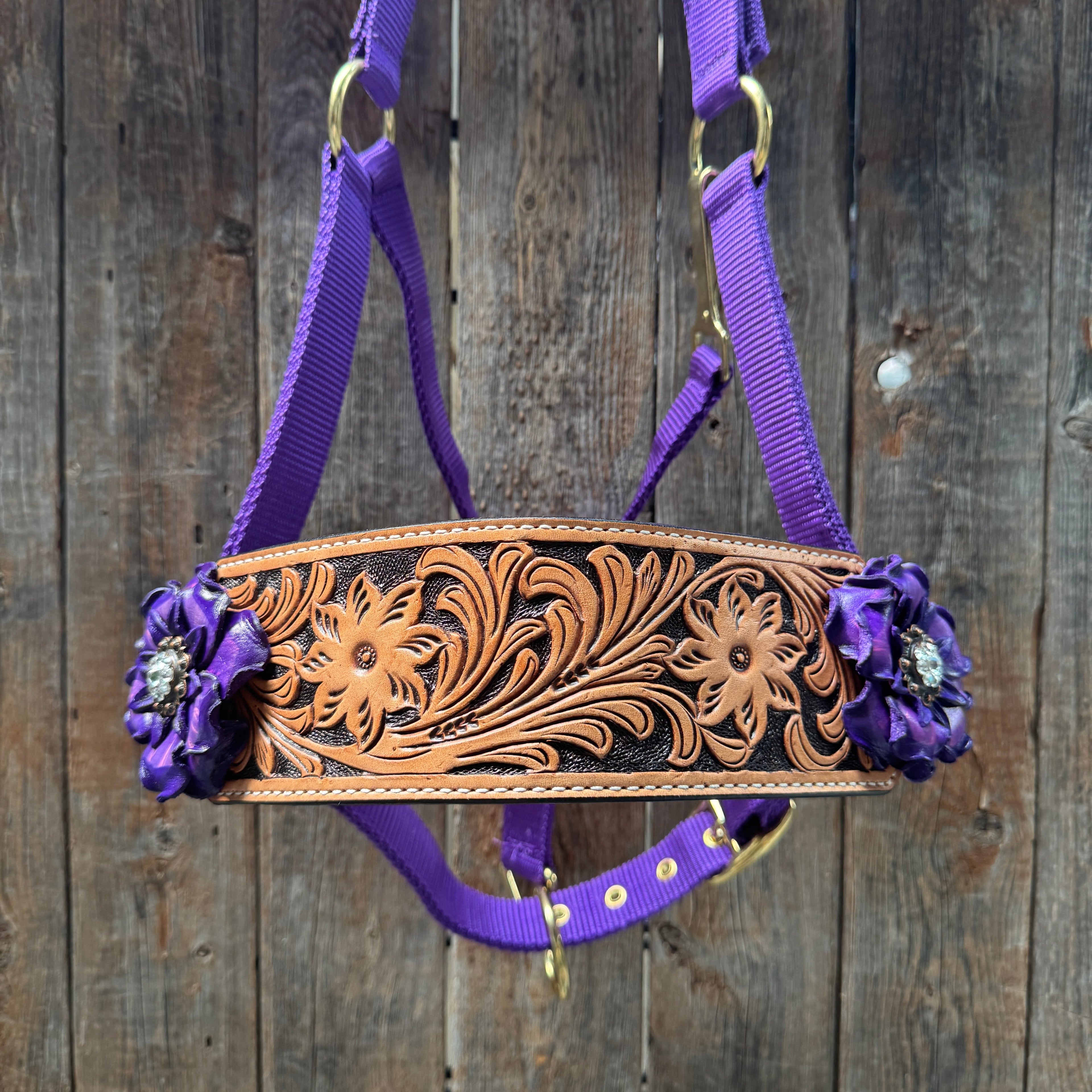 Purple Nylon Horse Halter – Bronc Noseband with Crystal Conchos NH109 — view 3