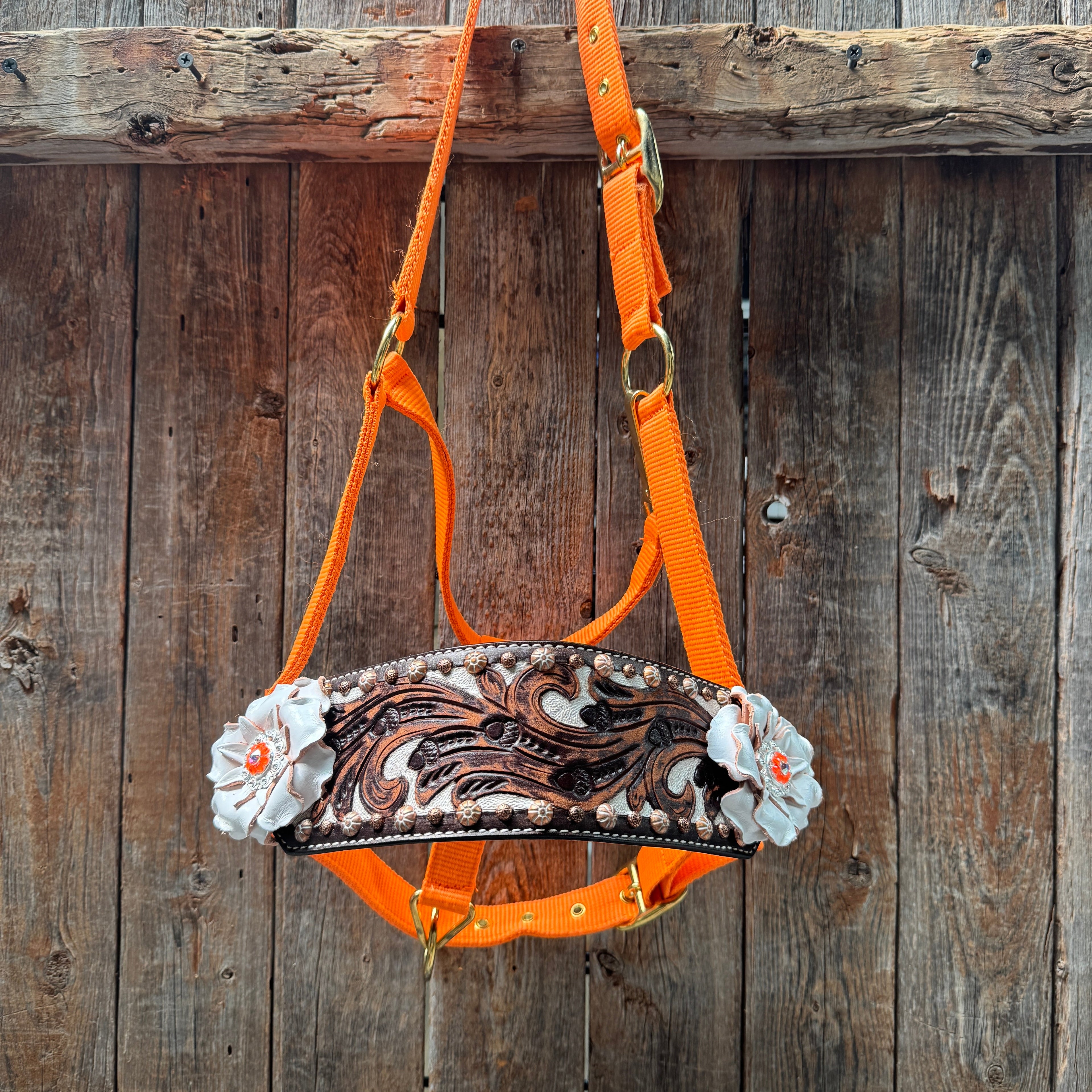 Orange Nylon Horse Halter – Bronc Noseband with Crystal Conchos NH111 — view 2