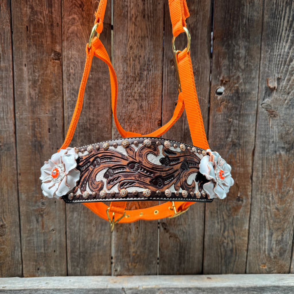 Orange Nylon Horse Halter – Bronc Noseband with Crystal Conchos NH111 — view 3