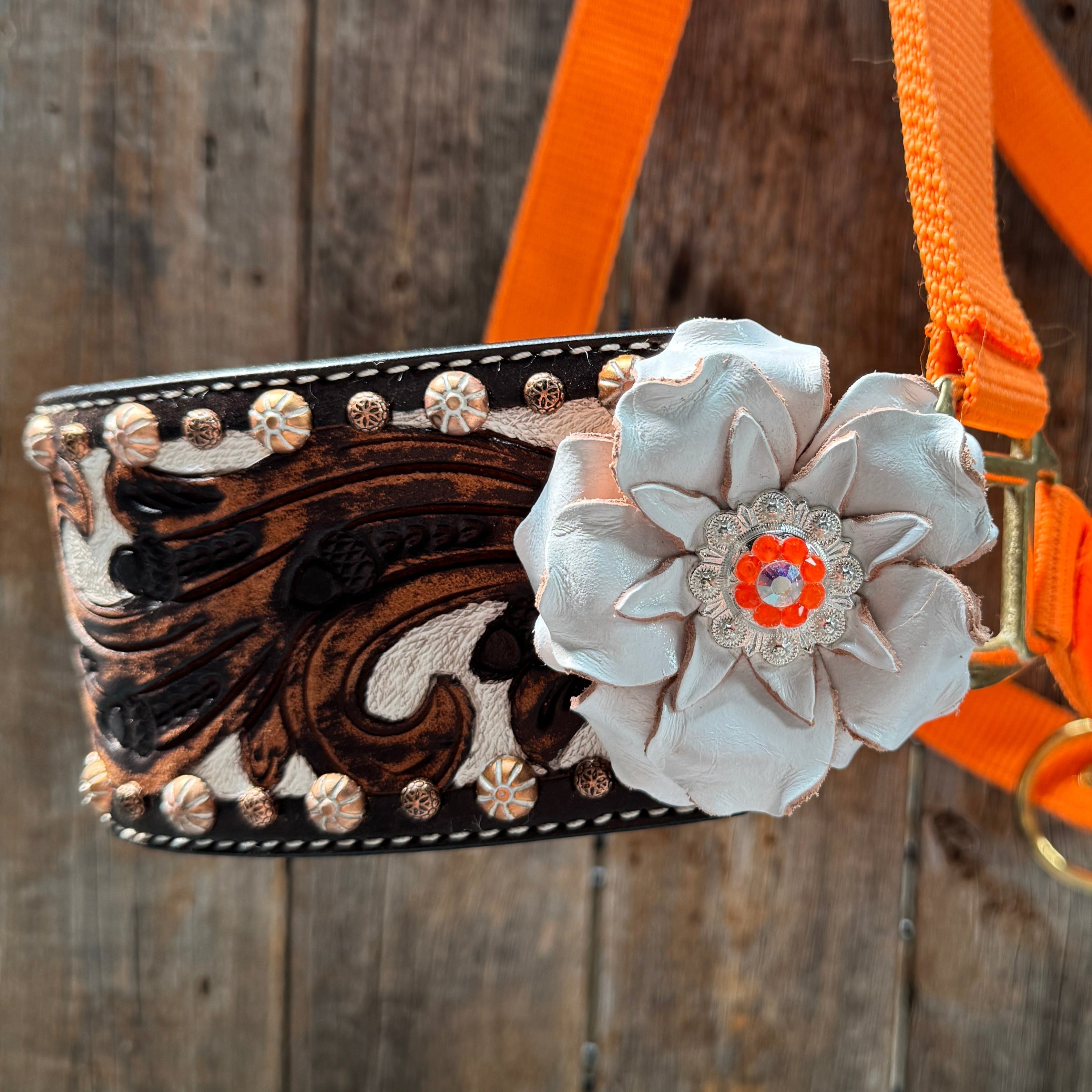 Orange Nylon Horse Halter – Bronc Noseband with Crystal Conchos NH111 — view 4