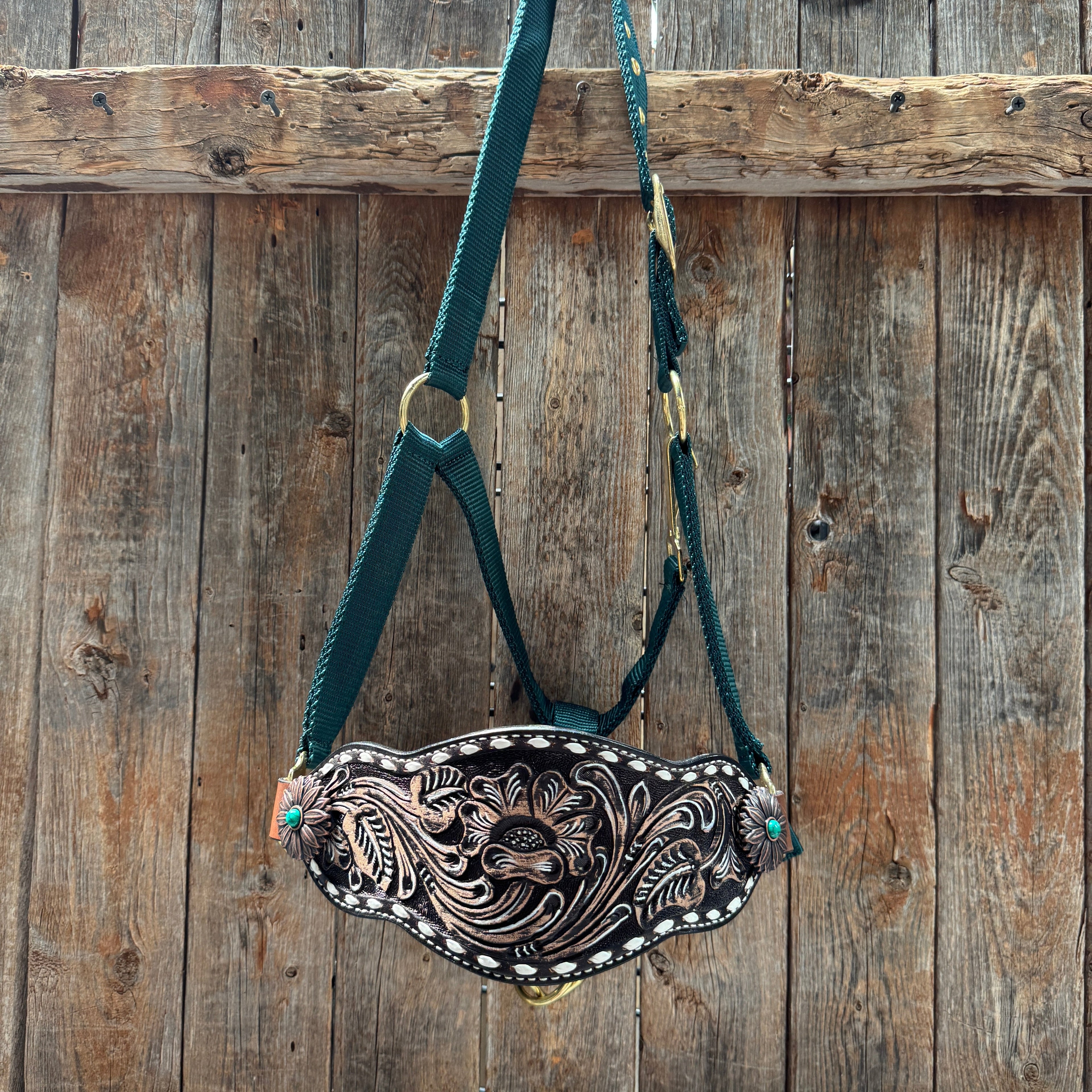 Hunter Green Nylon Horse Halter – Bronc Noseband with Western Conchos NH114 — view 2