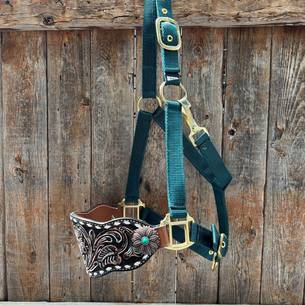 Hunter Green Nylon Horse Halter – Bronc Noseband with Western Conchos NH114