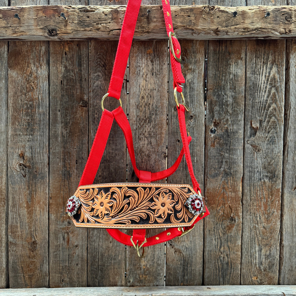 Red Nylon Horse Halter – Bronc Noseband with Crystal Conchos NH113 — view 2