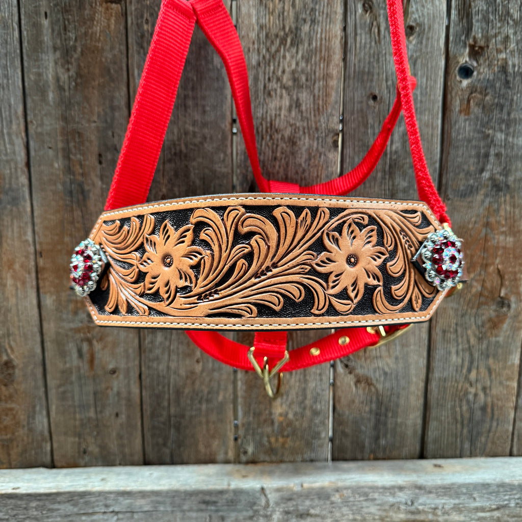 Red Nylon Horse Halter – Bronc Noseband with Crystal Conchos NH113 — view 3